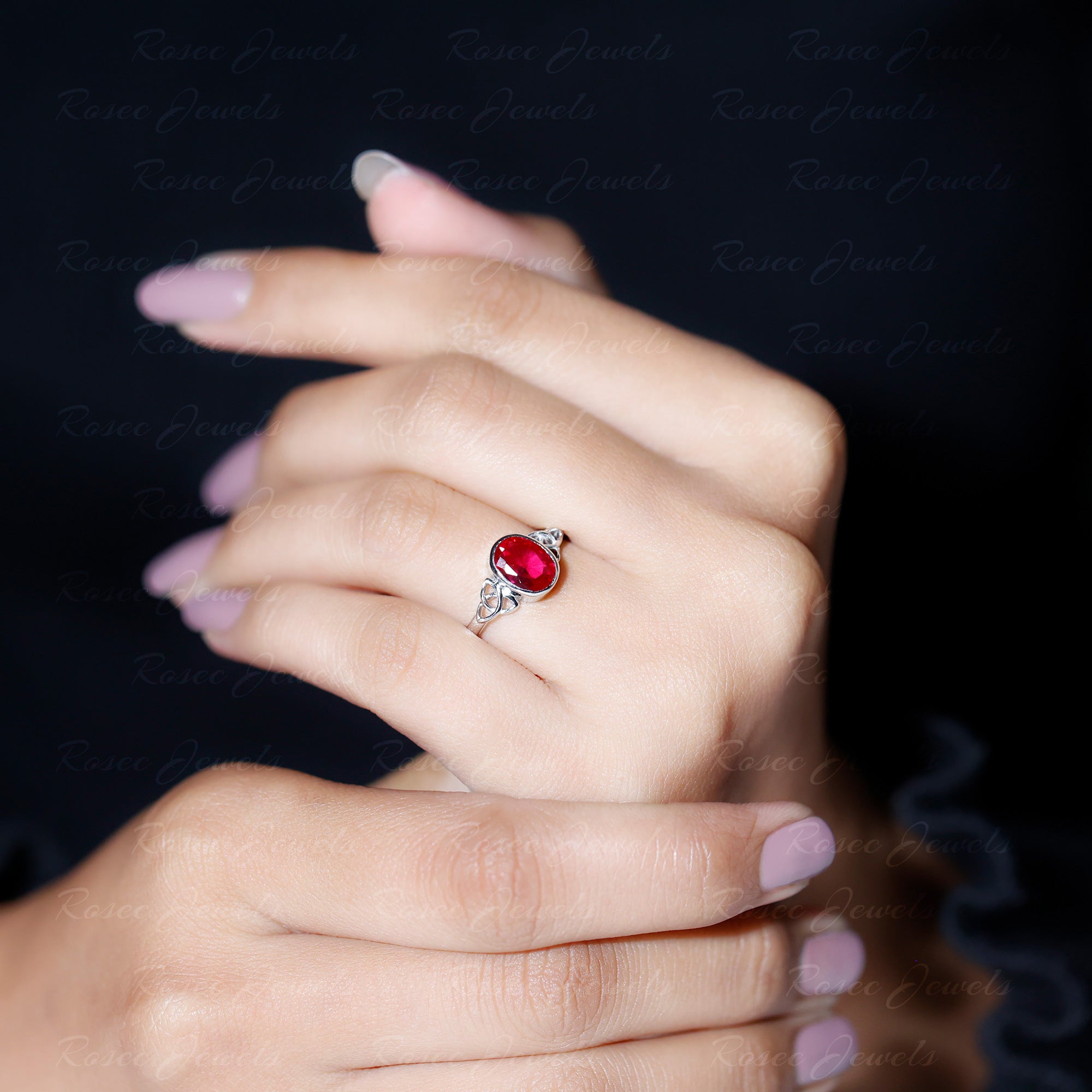 Oval Shape Lab Grown Ruby Solitaire Celtic Knot Ring Lab Created Ruby - ( AAAA ) - Quality 92.5 Sterling Silver 8 - Rosec Jewels