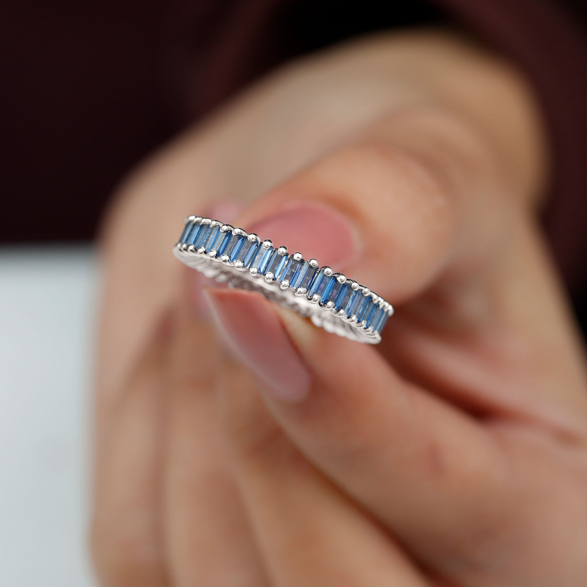 Baguette Cut Created Blue Sapphire Eternity Band Ring Lab Created Blue Sapphire - ( AAAA ) - Quality - Rosec Jewels