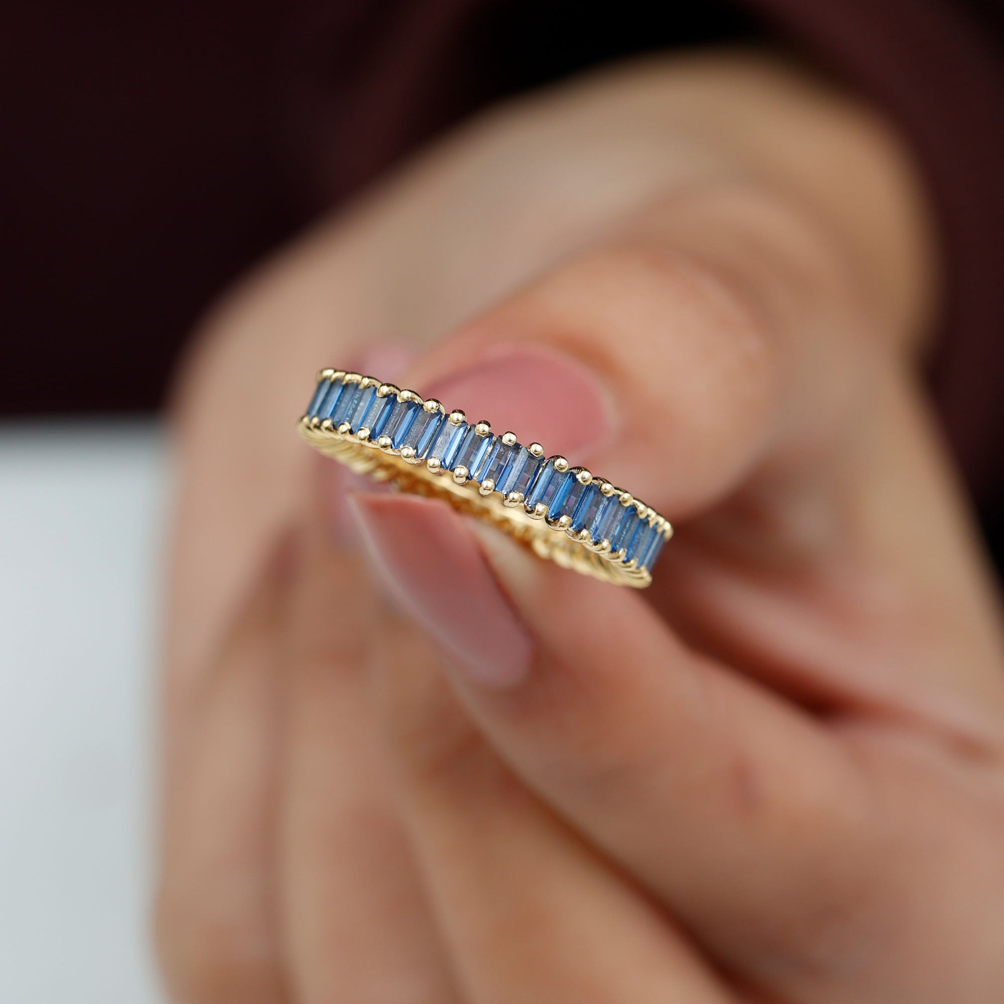 Baguette Cut Created Blue Sapphire Eternity Band Ring Lab Created Blue Sapphire - ( AAAA ) - Quality - Rosec Jewels