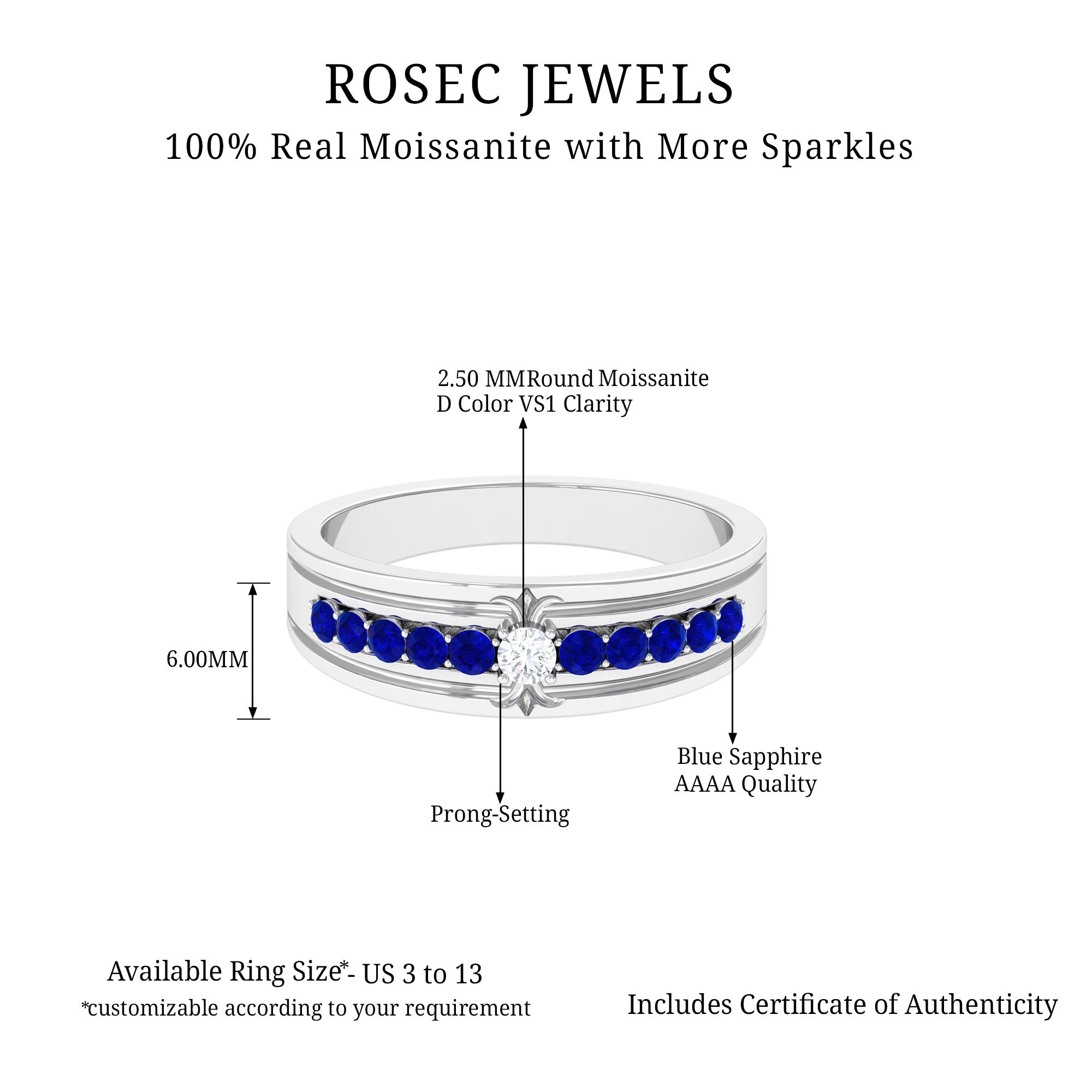 Lab Grown Blue Sapphire and Moissanite Engraved Anniversary Band Ring Lab Created Blue Sapphire - ( AAAA ) - Quality - Rosec Jewels