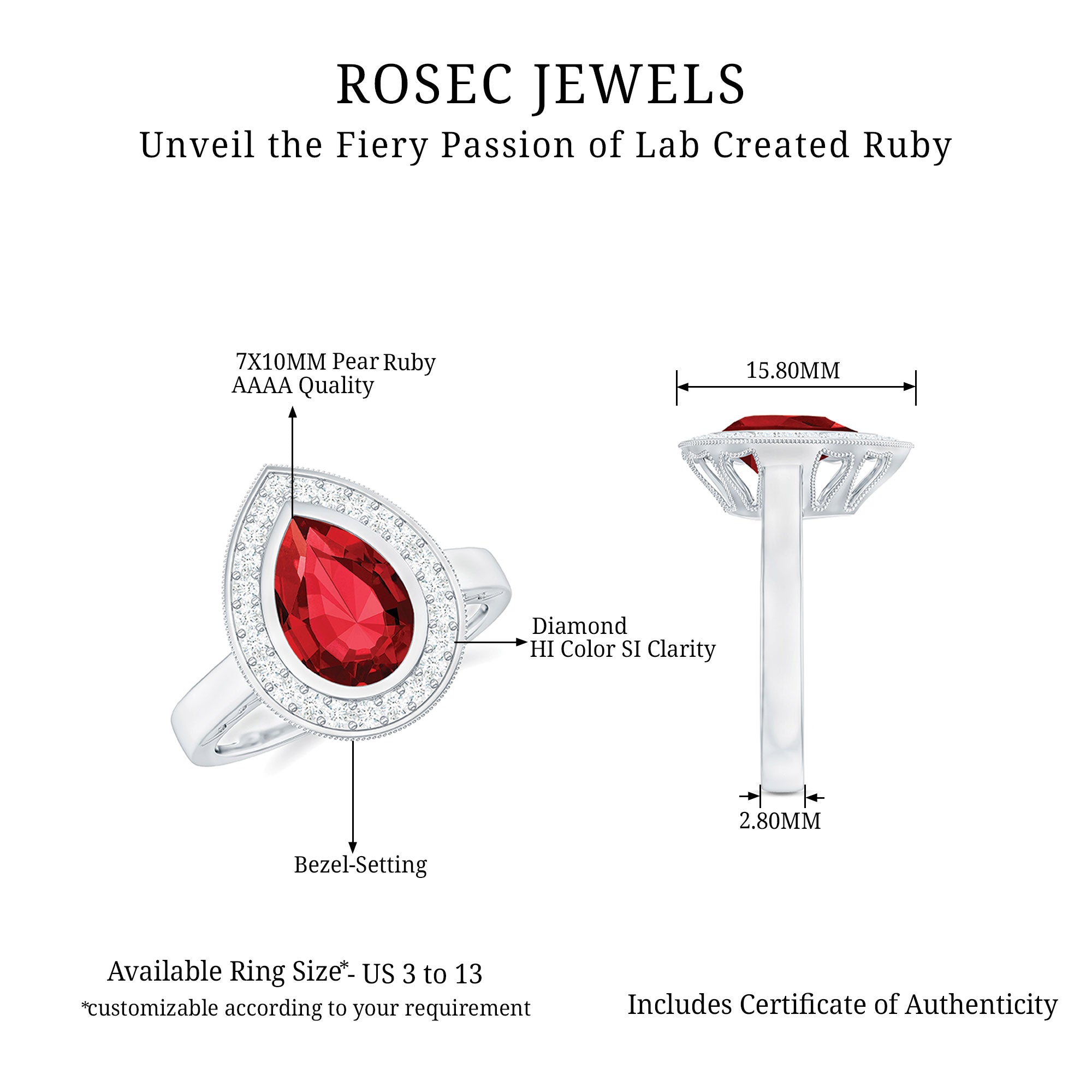 2 CT Pear Cut Created Ruby Solitaire Engagement Ring with Diamond Halo Lab Created Ruby - ( AAAA ) - Quality - Rosec Jewels