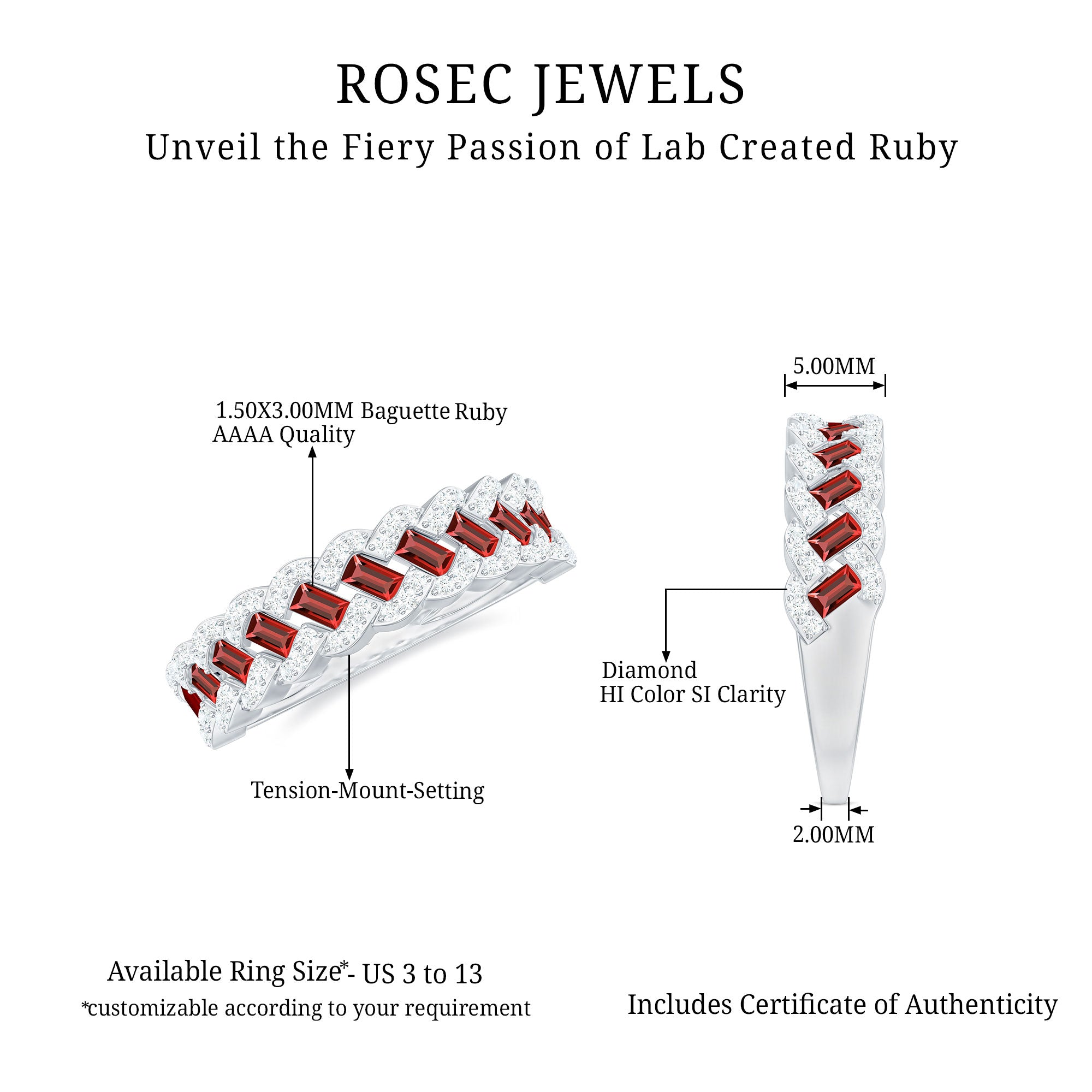 Baguette Created Ruby Braided Eternity Band Ring with Diamond Lab Created Ruby - ( AAAA ) - Quality - Rosec Jewels