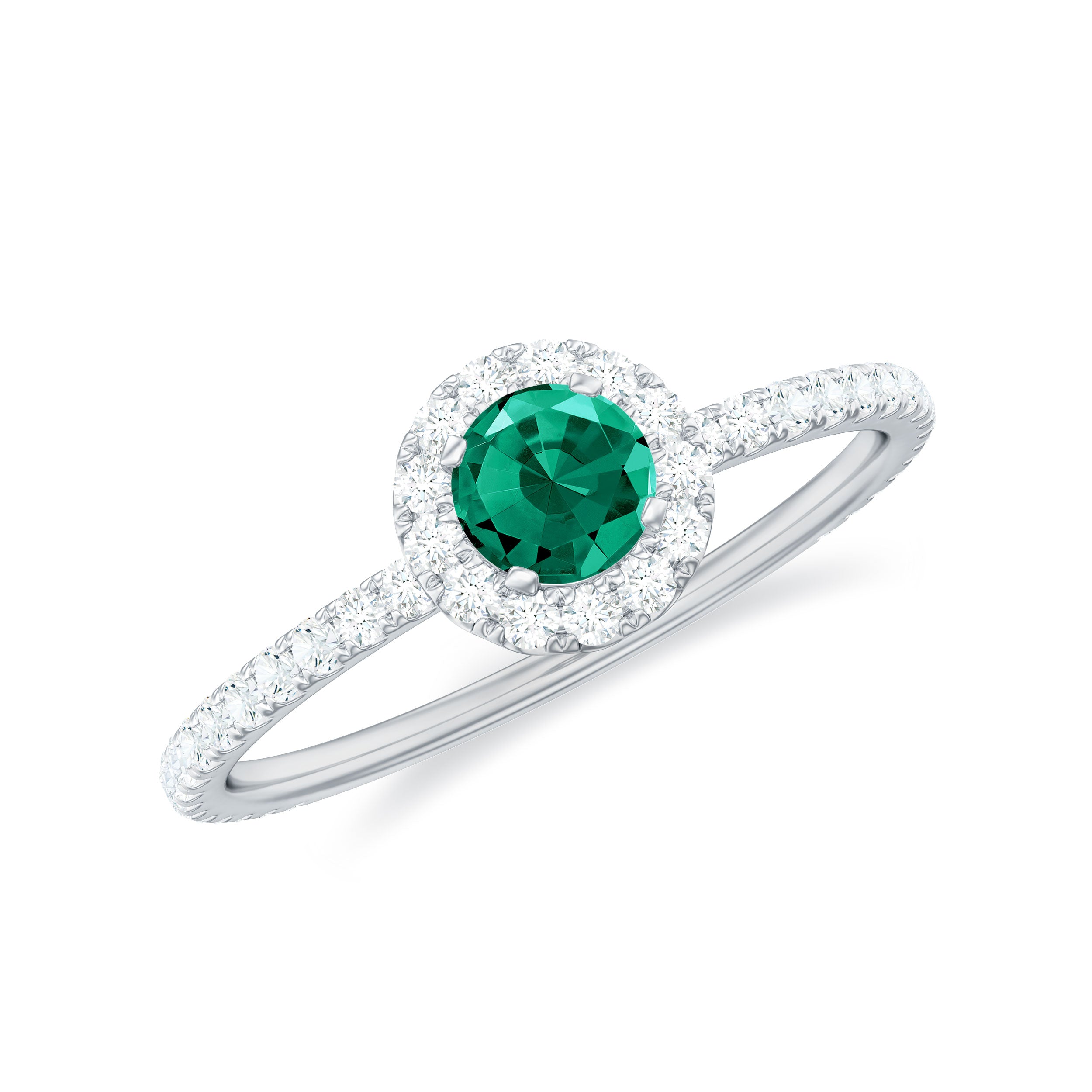 Lab Grown Emerald Minimal Halo Engagement Ring with Diamond Lab Created Emerald - ( AAAA ) - Quality - Rosec Jewels
