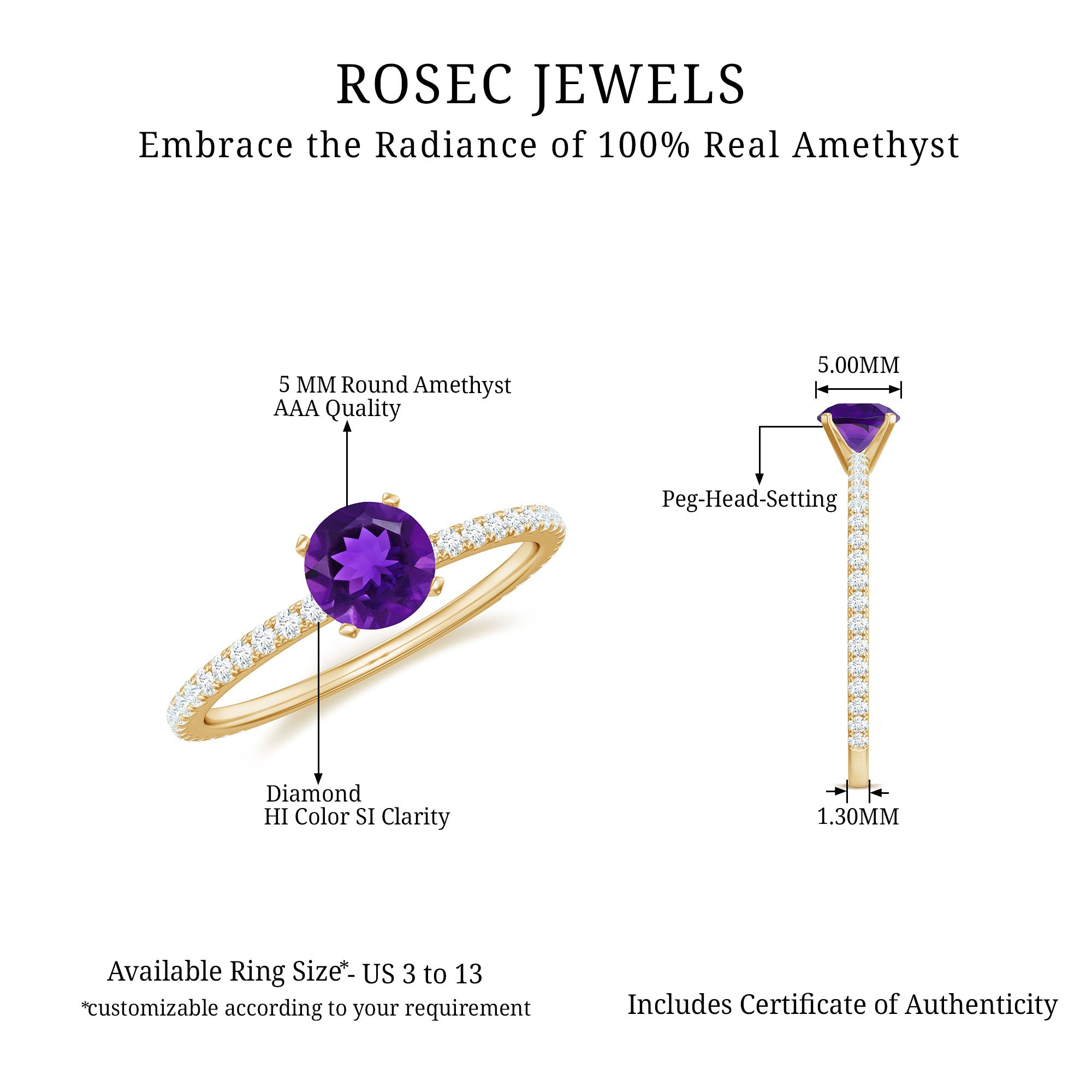 3/4 CT Amethyst Solitaire Ring with Diamond Side Stones Amethyst - ( AAA ) - Quality - Rosec Jewels