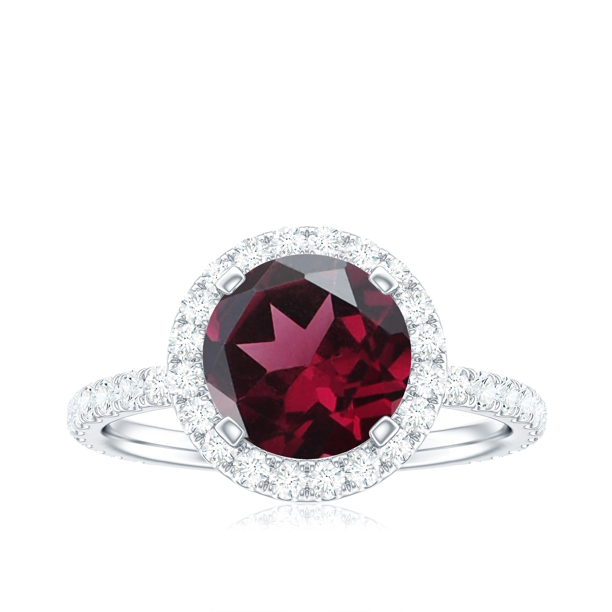 Real Rhodolite Halo Engagement Ring with Moissanite Rhodolite - ( AAA ) - Quality - Rosec Jewels