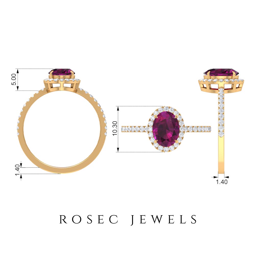 2 CT Oval Rhodolite Engagement Ring with Diamond Halo Rhodolite - ( AAA ) - Quality - Rosec Jewels