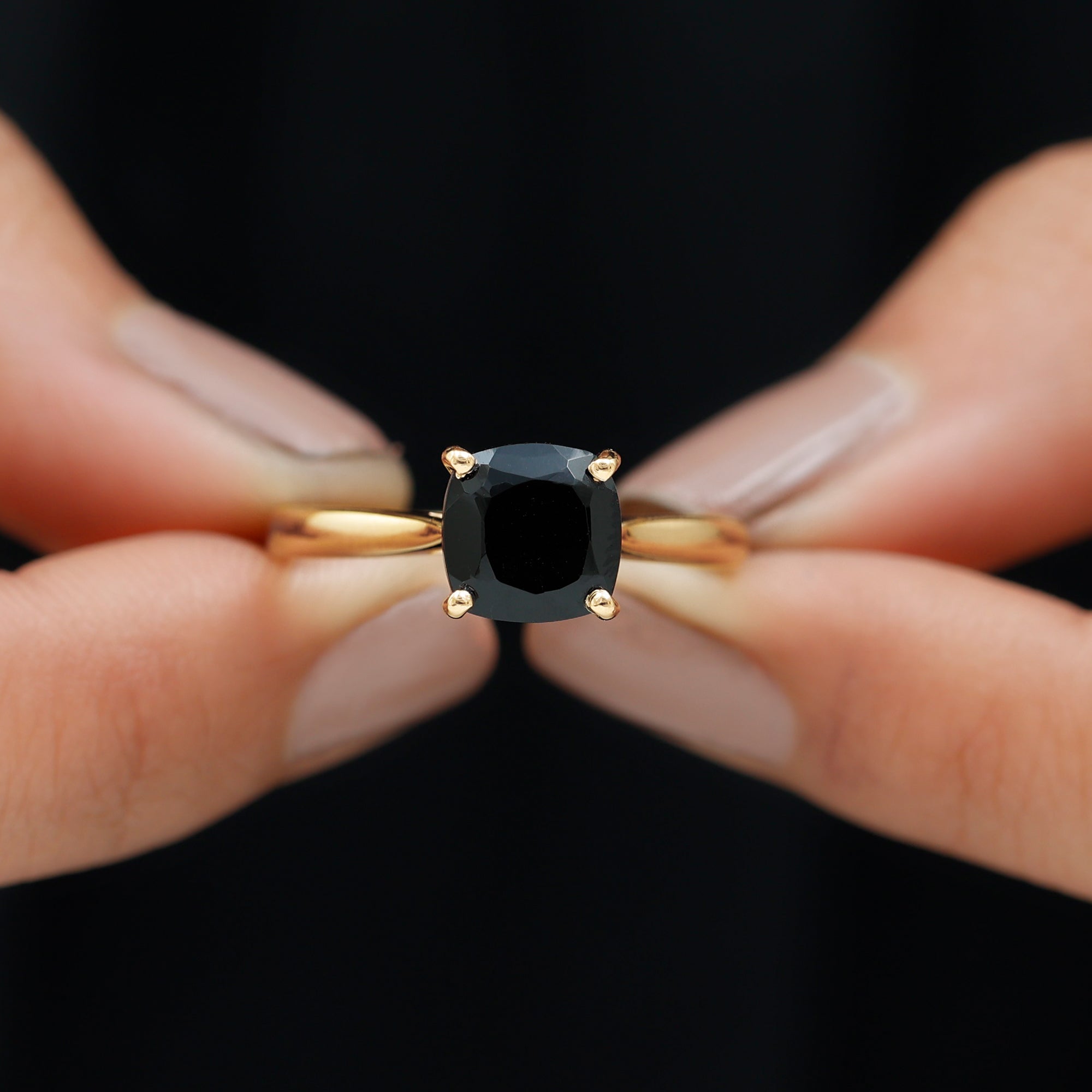 Cushion Cut Black Spinel Solitaire Ring with Surprise Diamond Black Spinel - ( AAA ) - Quality - Rosec Jewels