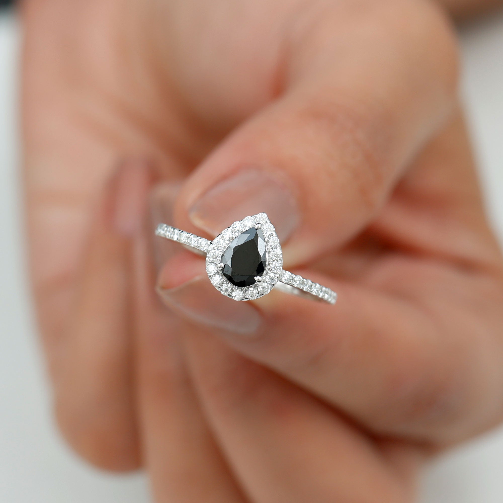 Pear Cut Black Spinel Solitaire Ring with Diamond Accent Black Spinel - ( AAA ) - Quality - Rosec Jewels