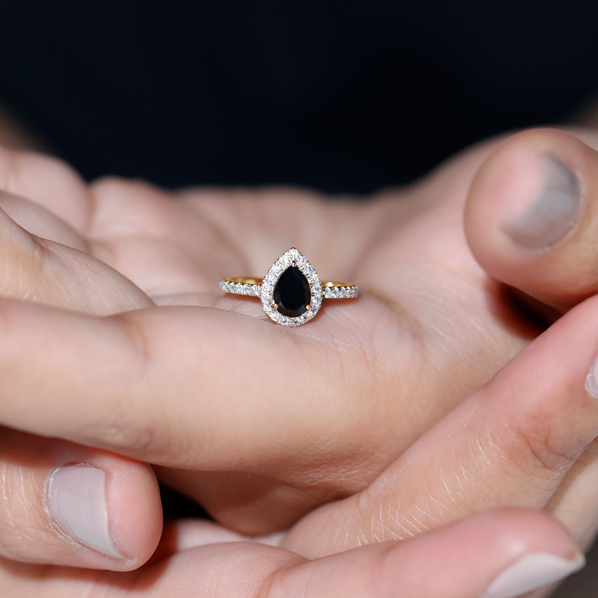 Pear Cut Black Spinel Solitaire Ring with Diamond Accent Black Spinel - ( AAA ) - Quality - Rosec Jewels