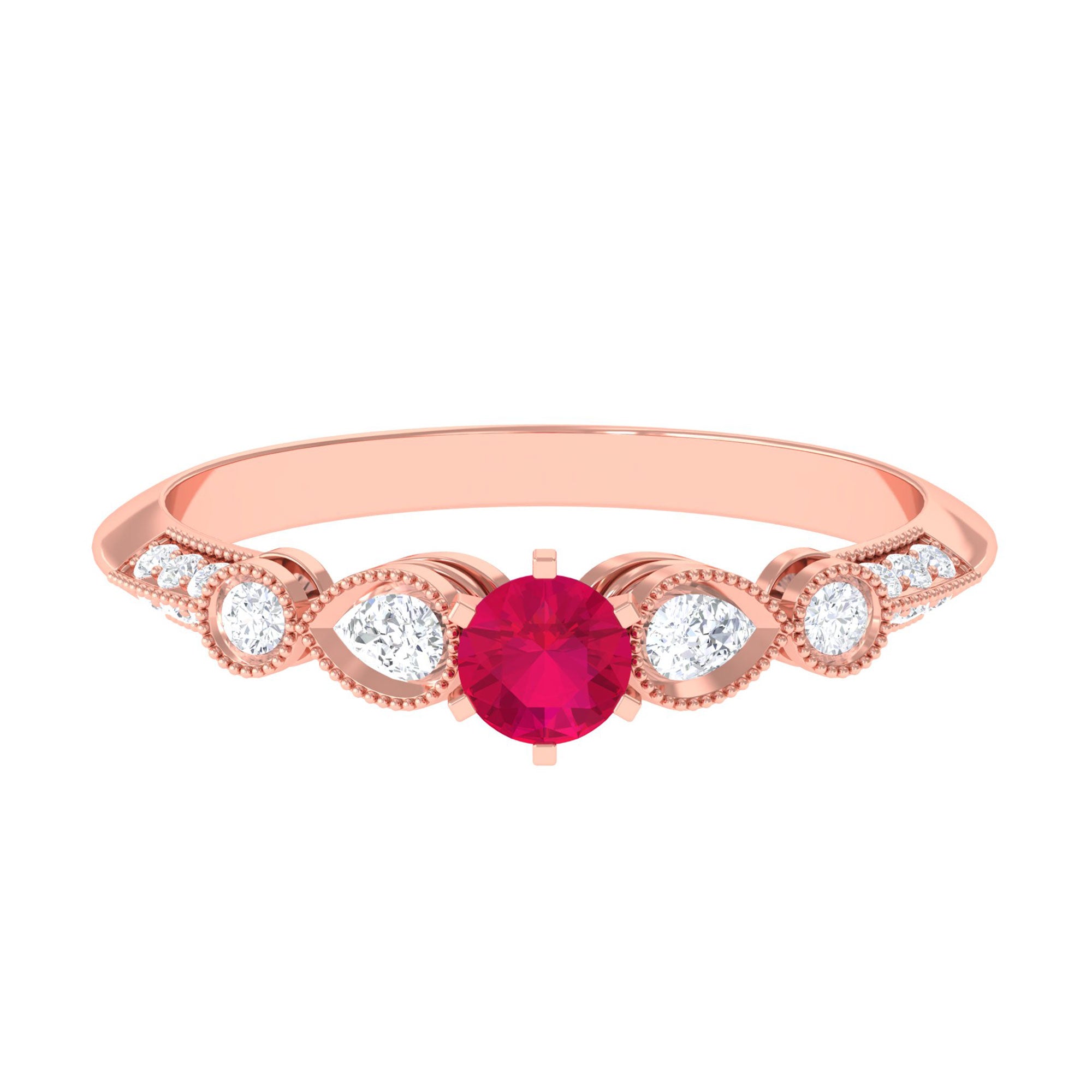 Minimal Ruby Engagement Ring with Diamond Accent Ruby - ( AAA ) - Quality - Rosec Jewels