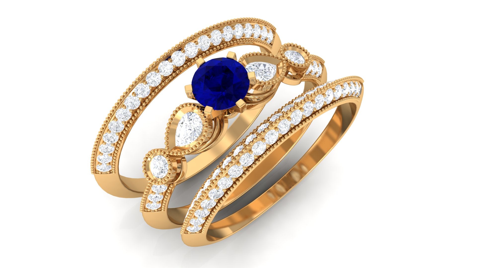 Real Blue Sapphire and Diamond Bridal Ring Set with Beaded Details Blue Sapphire - ( AAA ) - Quality - Rosec Jewels