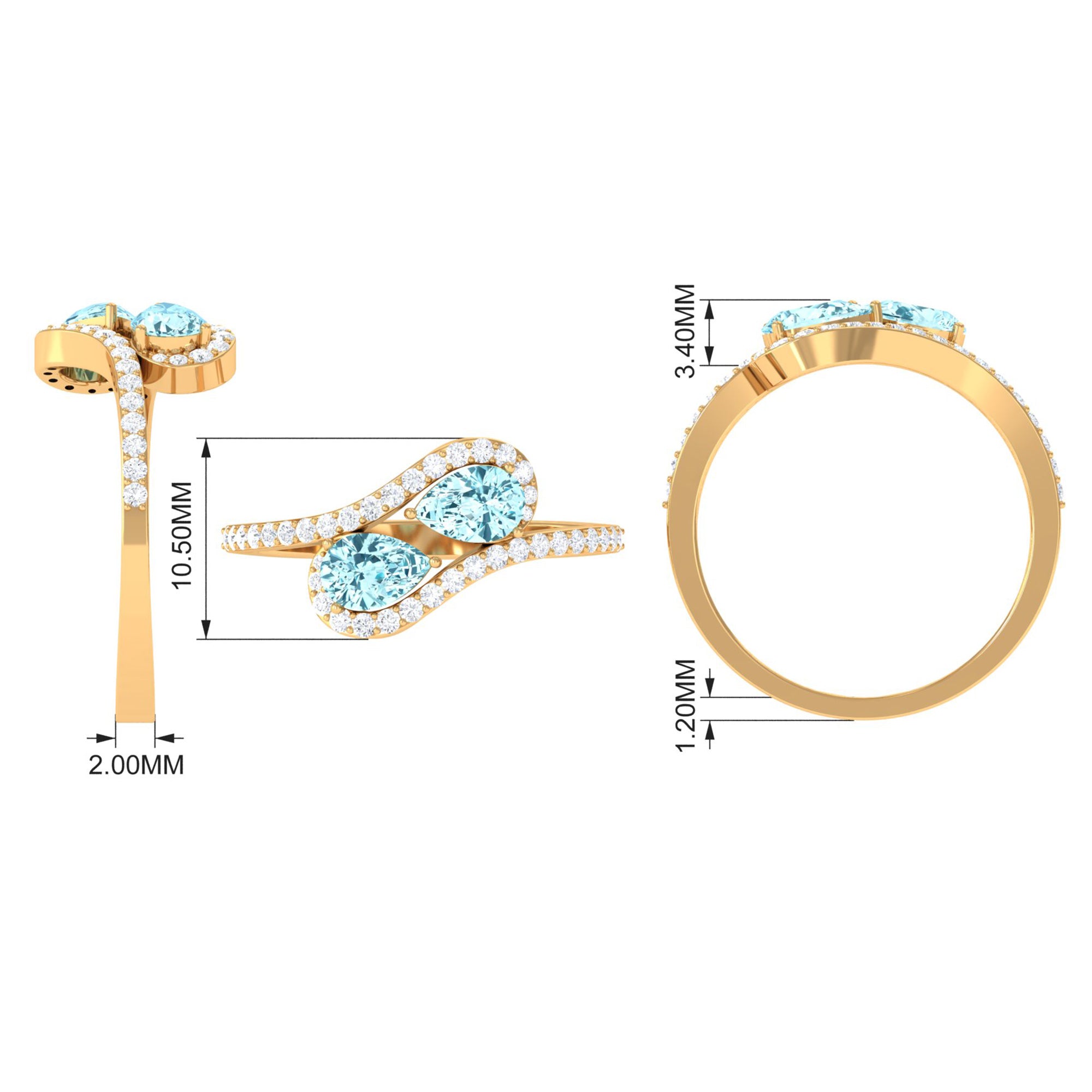 1.25 CT Pear Shape Aquamarine Two Stone Bypass Ring with Diamond Accent Aquamarine - ( AAA ) - Quality - Rosec Jewels