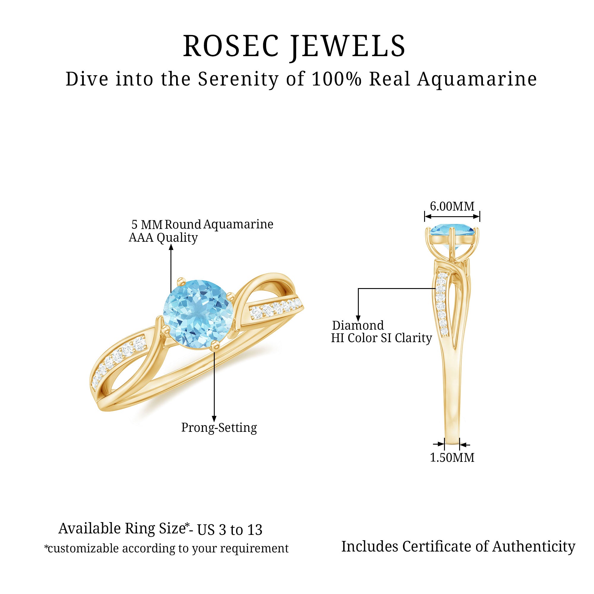 1/2 CT Two Tone Solitaire Infinity Ring with Aquamarine and Diamond Aquamarine - ( AAA ) - Quality - Rosec Jewels