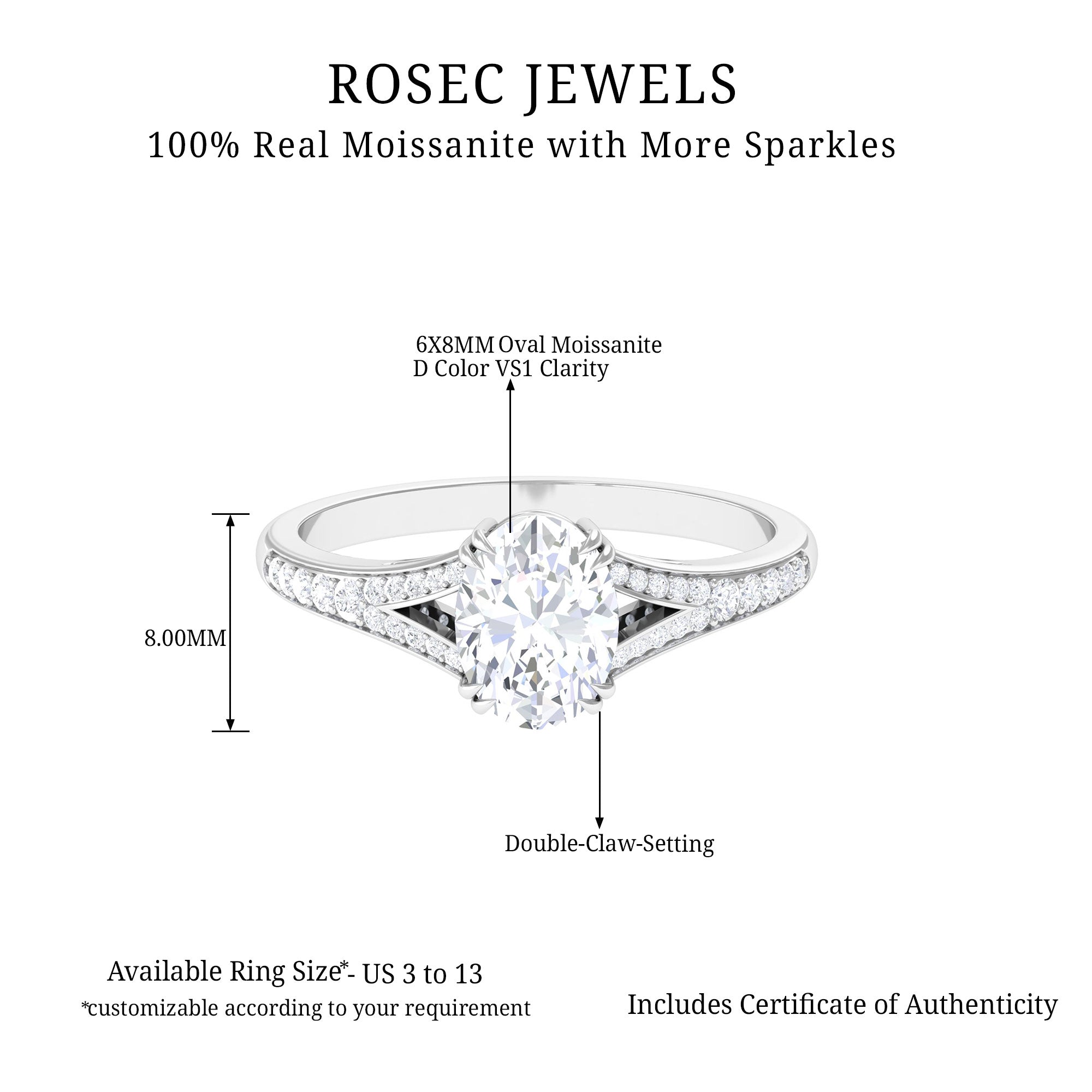 Oval Cut Moissanite Split Shank Engagement Ring Moissanite - ( D-VS1 ) - Color and Clarity - Rosec Jewels