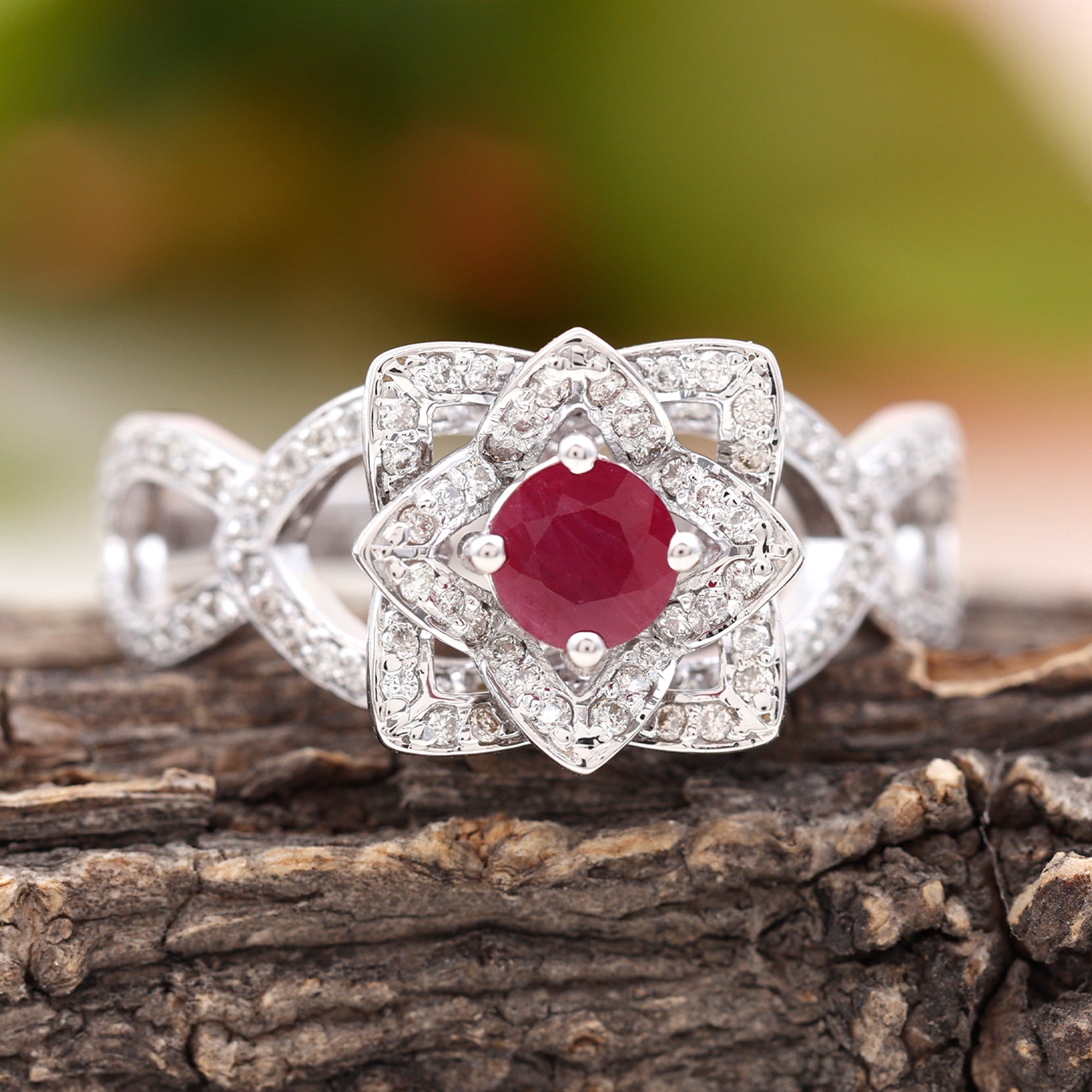 1.25 CT Created Ruby and Moissanite Flower Engagement Ring Lab Created Ruby - ( AAAA ) - Quality - Rosec Jewels