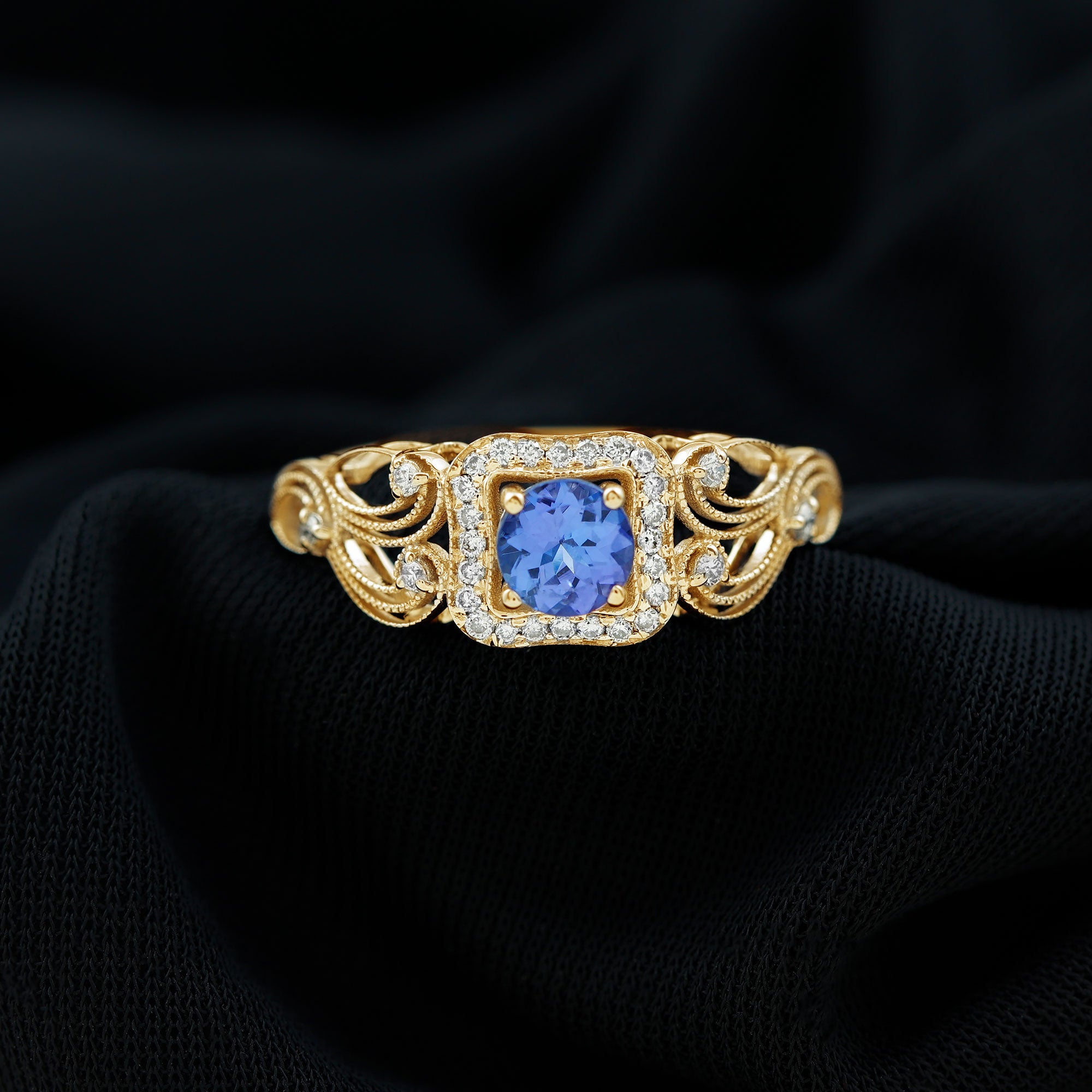 Tanzanite and Diamond Engagement Ring with Milgrain Details Tanzanite - ( AAA ) - Quality - Rosec Jewels