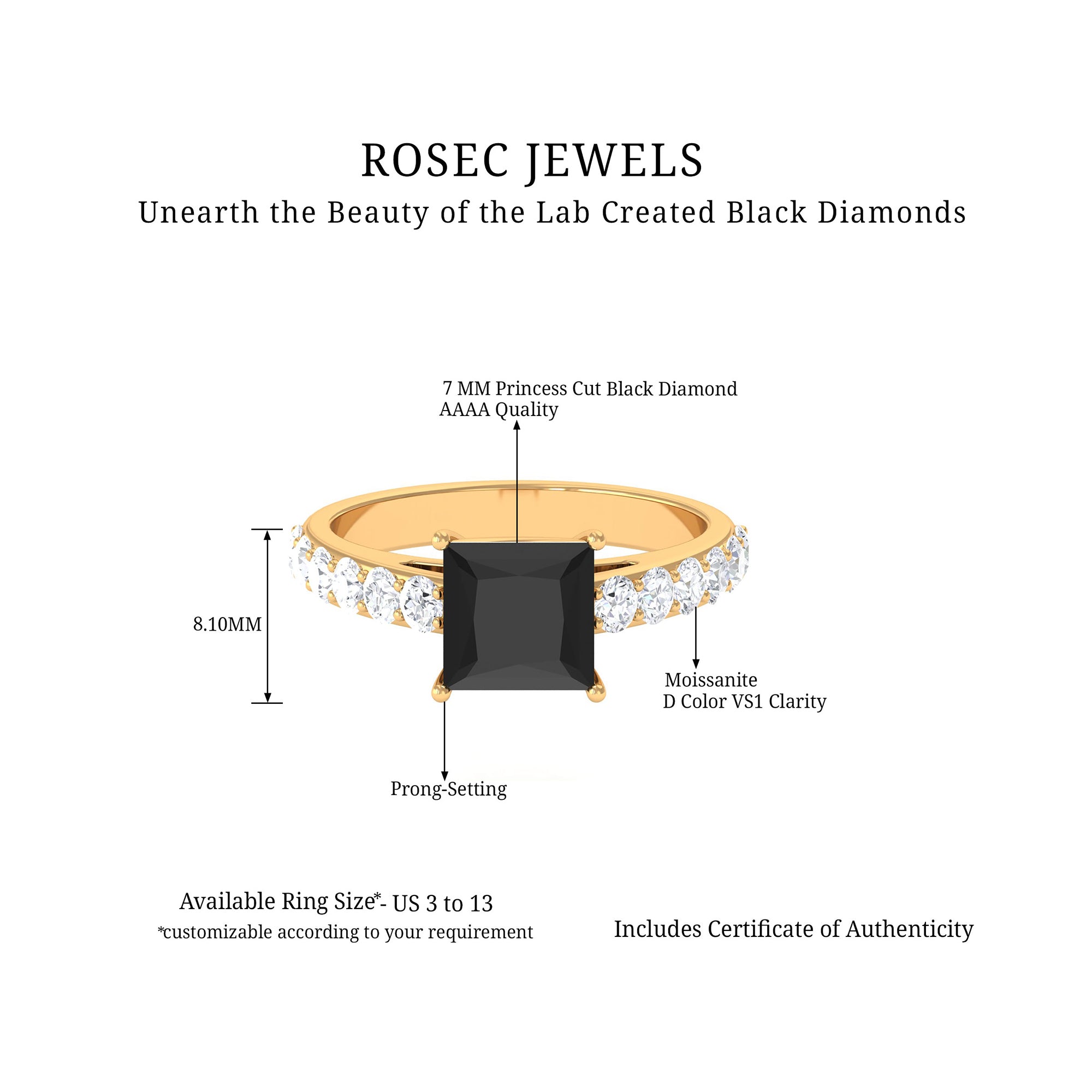 Lab Created Black Diamond Solitaire Ring with Moissanite Lab Created Black Diamond - ( AAAA ) - Quality - Rosec Jewels