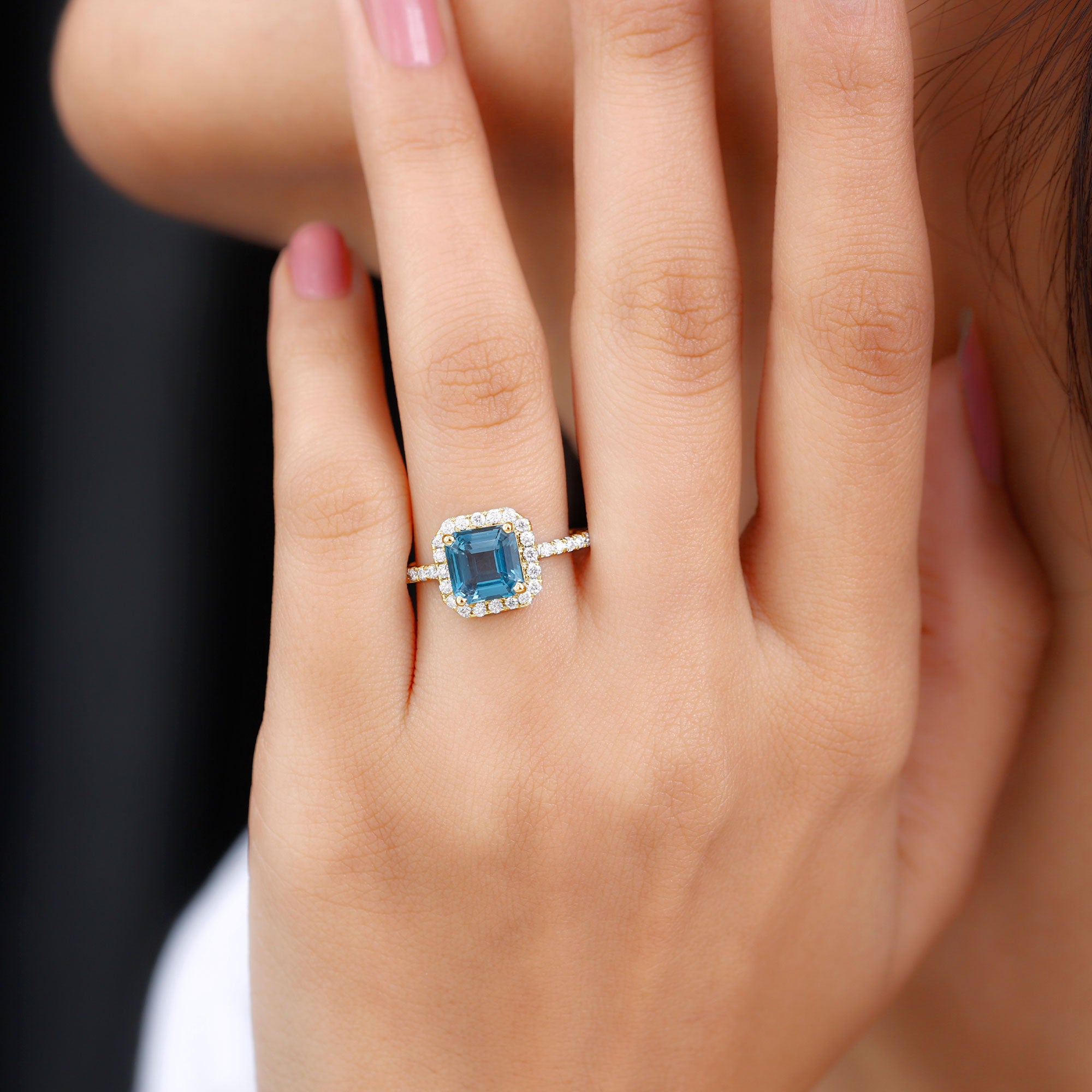 Asscher Cut London Blue Topaz Halo Engagement Ring with Diamond London Blue Topaz - ( AAA ) - Quality - Rosec Jewels