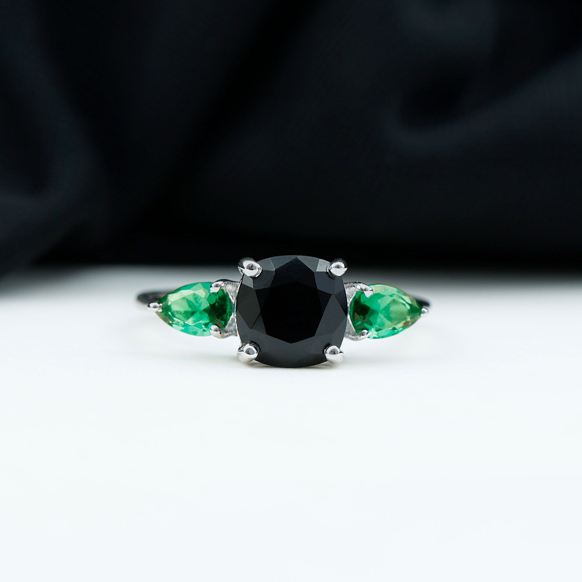 Cushion Cut Created Black Diamond Three Stone Ring Lab Created Black Diamond - ( AAAA ) - Quality - Rosec Jewels