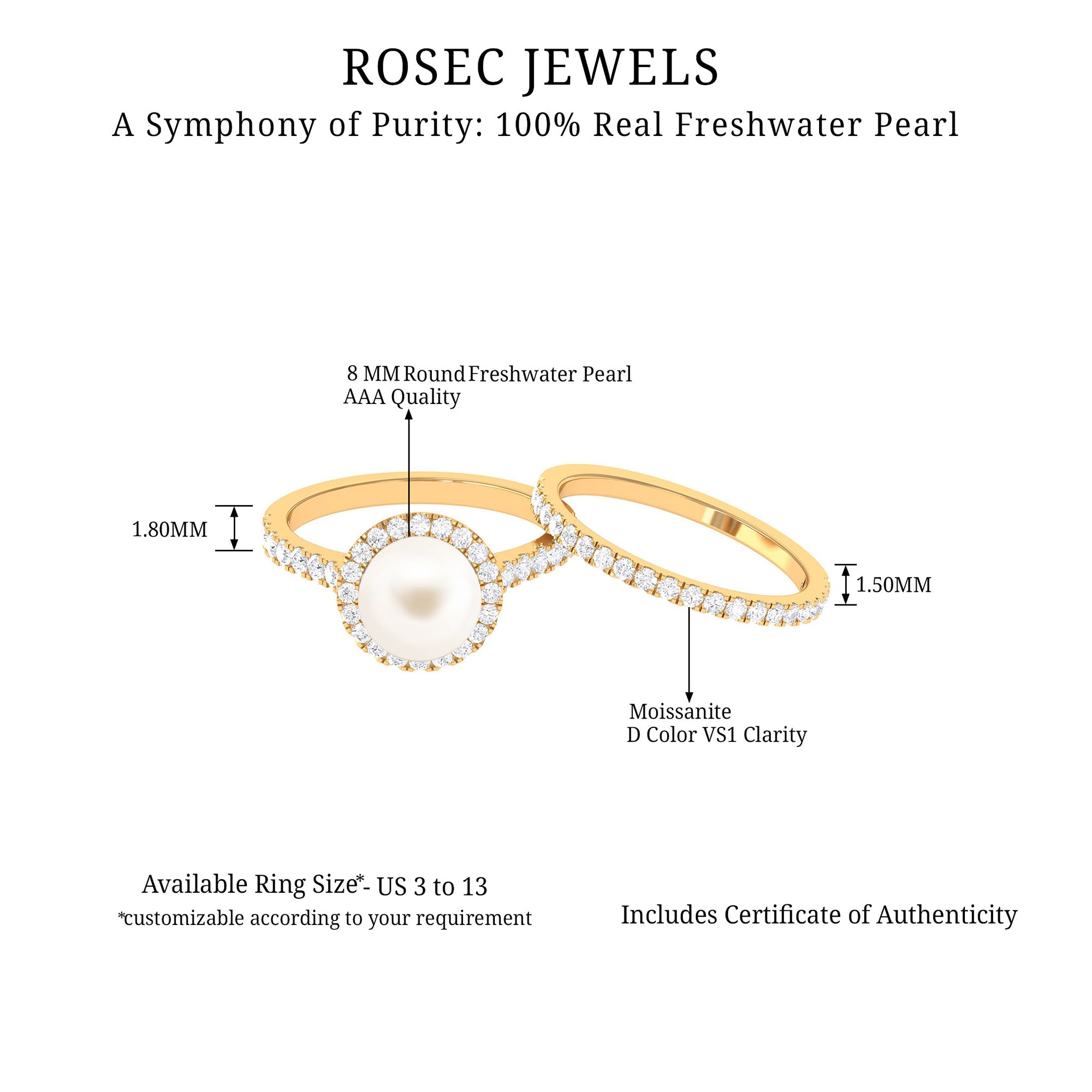 Freshwater Pearl and Moissanite Halo Wedding Ring Set in Gold Freshwater Pearl - ( AAA ) - Quality - Rosec Jewels