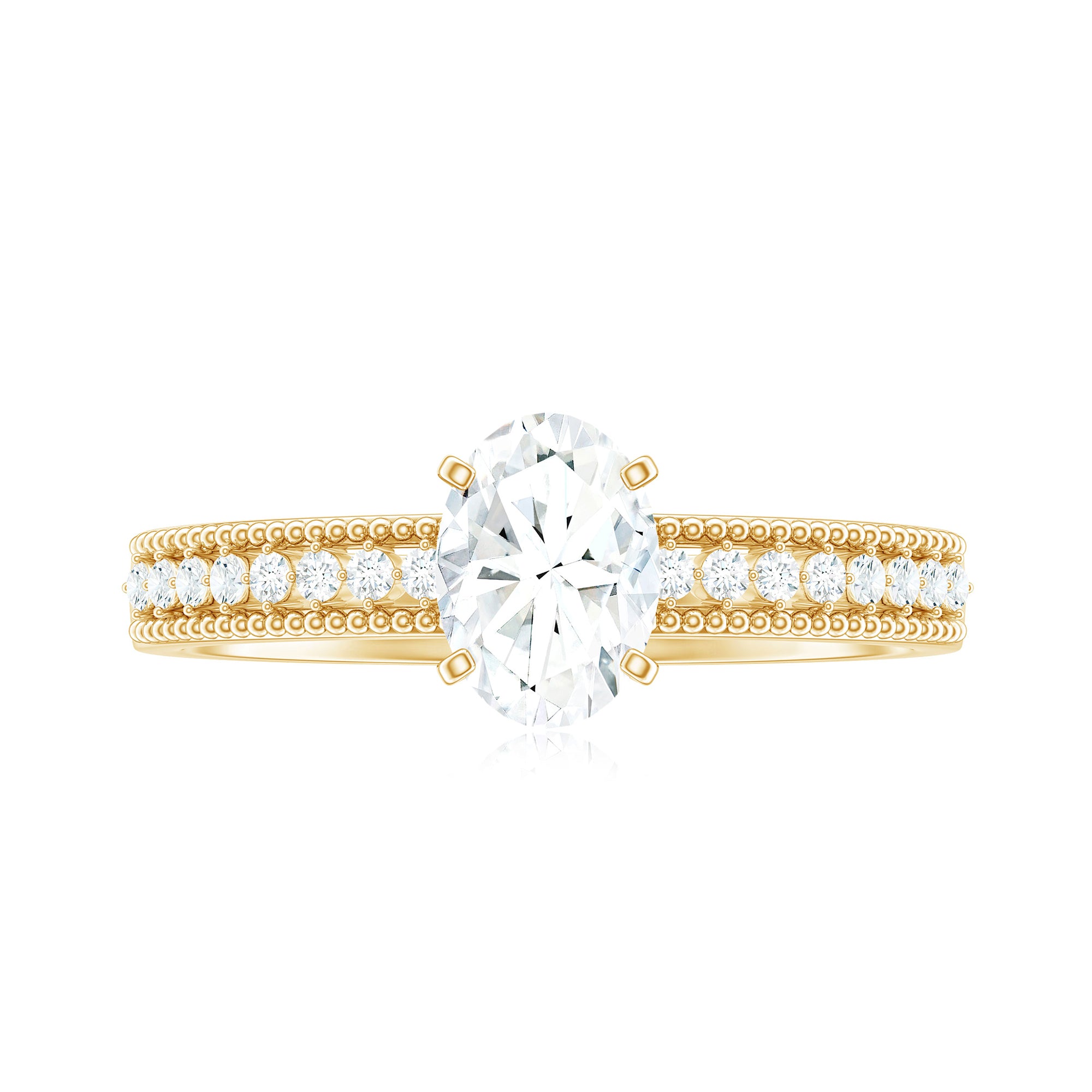 Oval Cut Moissanite Solitaire Engagement Ring with Gold Beaded Moissanite - ( D-VS1 ) - Color and Clarity - Rosec Jewels