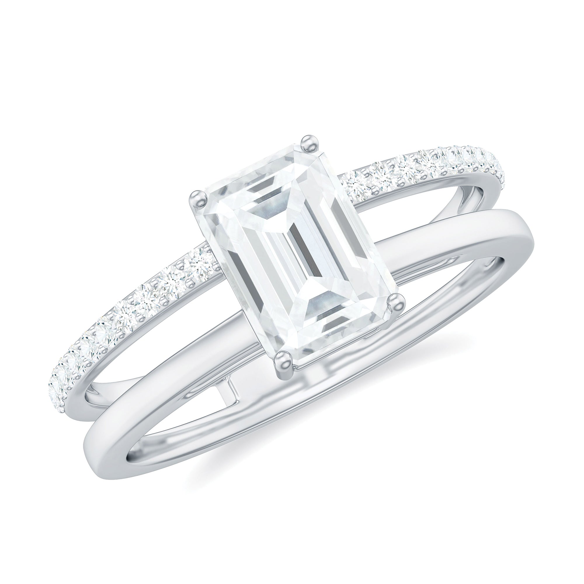 Emerald Cut Solitaire Moissanite Double Band Engagement Ring Moissanite - ( D-VS1 ) - Color and Clarity - Rosec Jewels