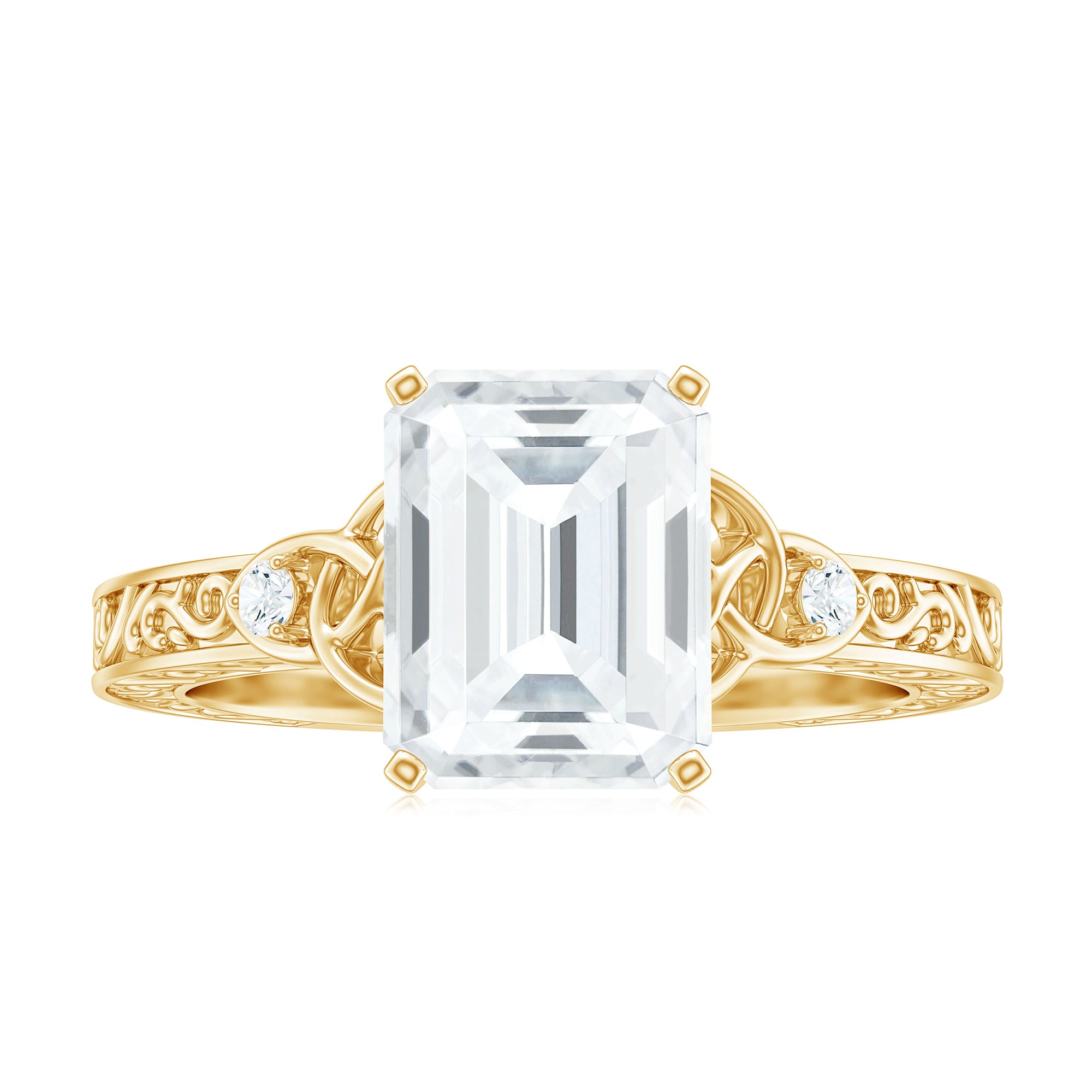 Antique Style Emerald Cut Moissanite Solitaire Celtic Knot Ring in Gold Moissanite - ( D-VS1 ) - Color and Clarity - Rosec Jewels