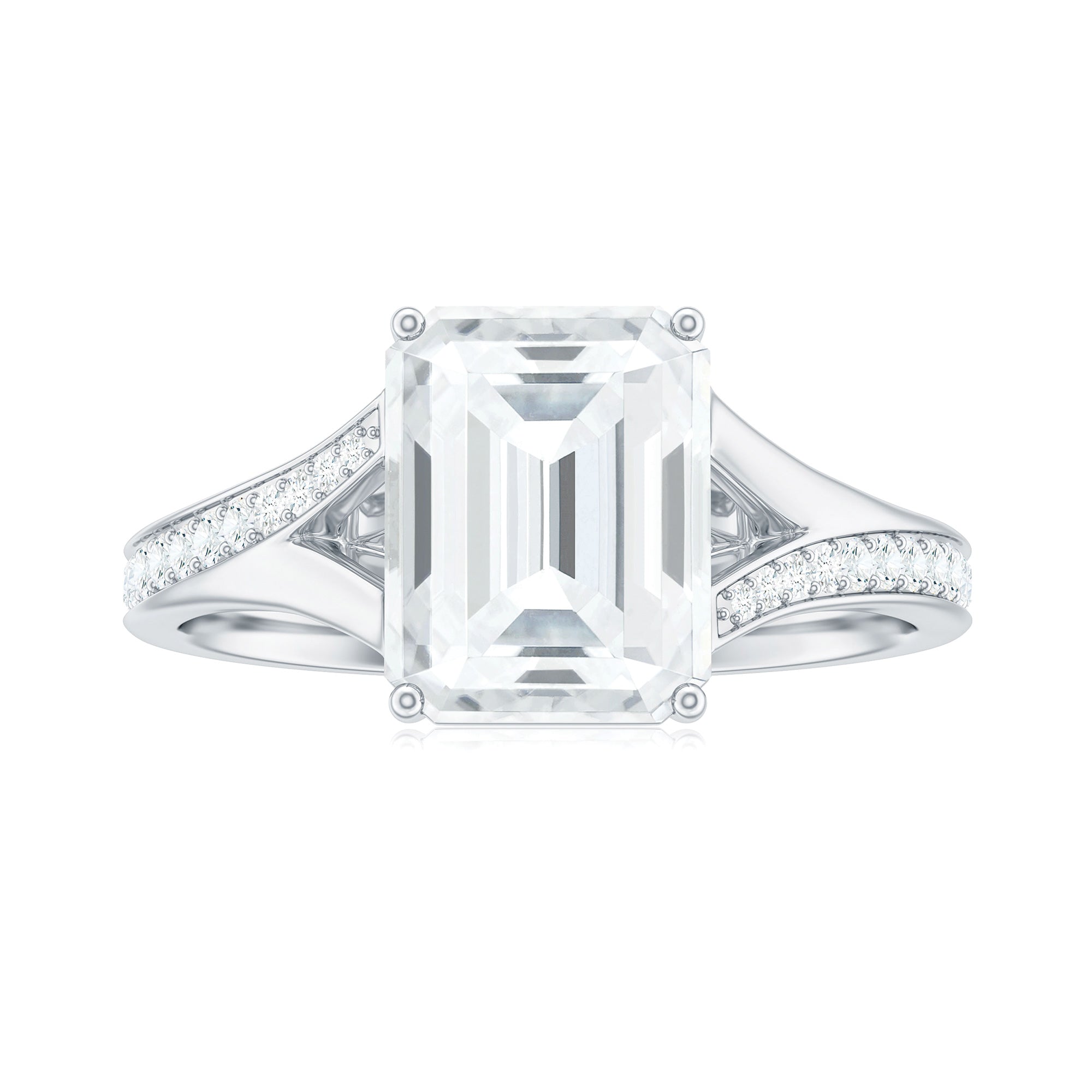 Emerald Cut Moissanite Solitaire Engagement Ring with Split Shank Moissanite - ( D-VS1 ) - Color and Clarity - Rosec Jewels