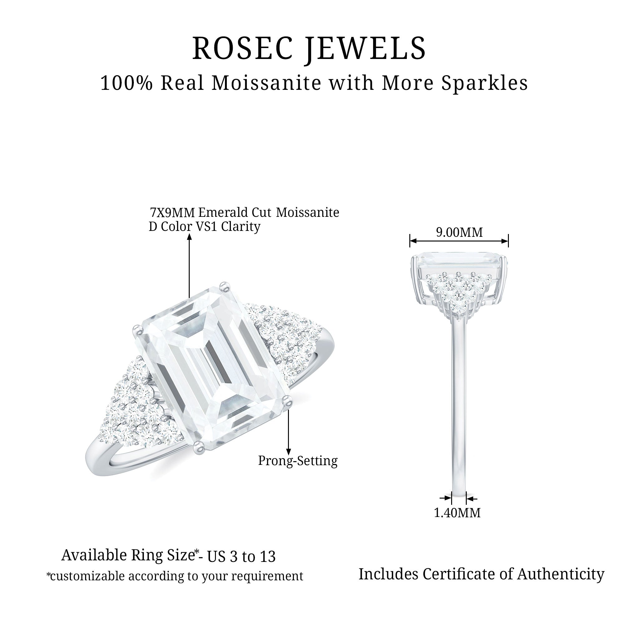 Certified Moissanite Solitaire Emerald Cut Engagement Ring with Side Stones Moissanite - ( D-VS1 ) - Color and Clarity - Rosec Jewels