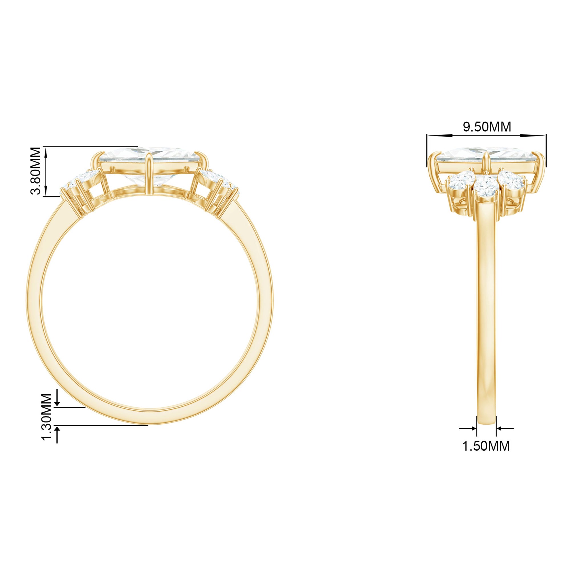 Princess Cut Moissanite Solitaire Engagement Ring with Trio Moissanite - ( D-VS1 ) - Color and Clarity - Rosec Jewels