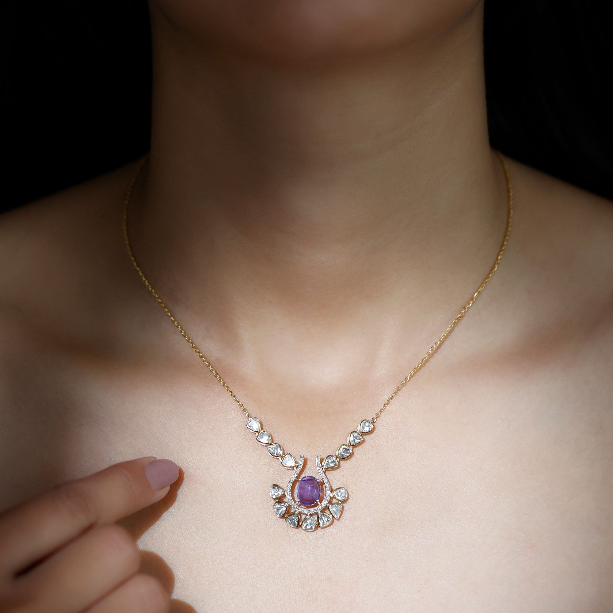 Bridal Drop Necklace with Oval Tanzanite and Polki Diamond - Rosec Jewels