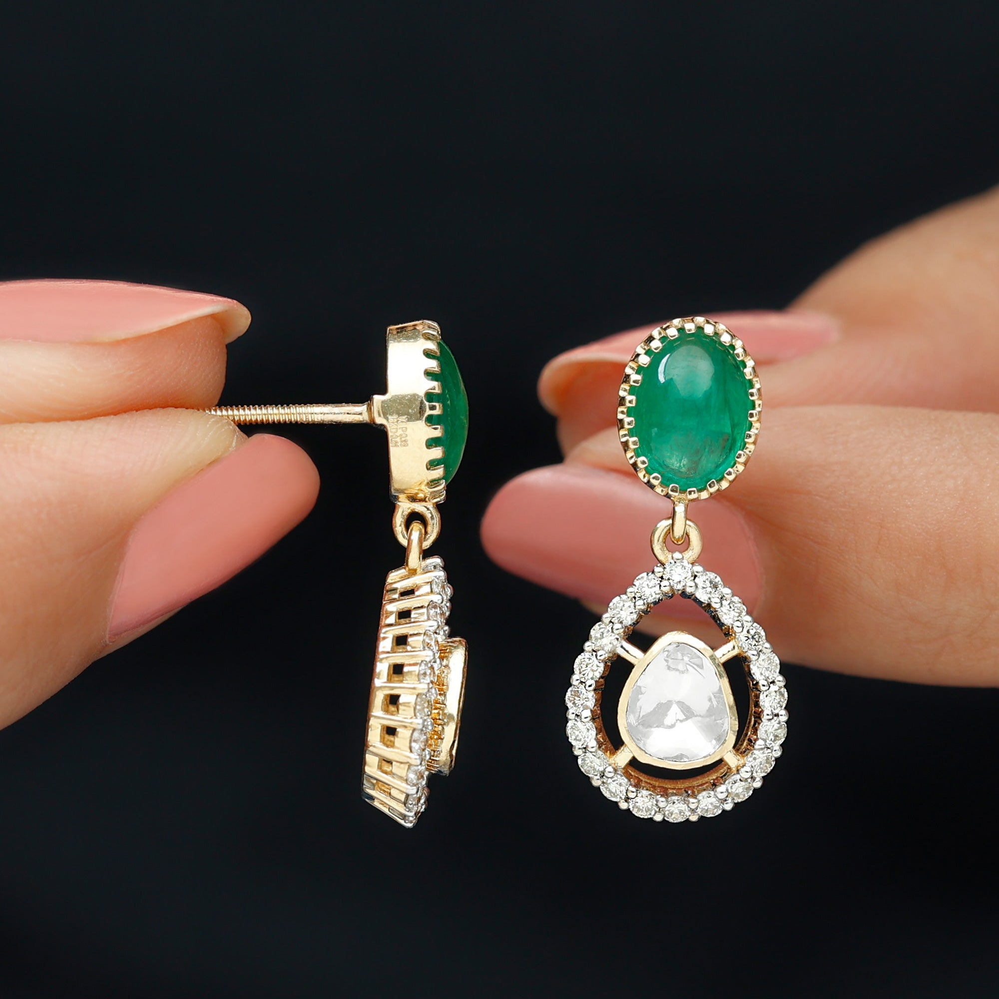 Polki Diamond Teardrop Earrings with Oval Emerald - Rosec Jewels