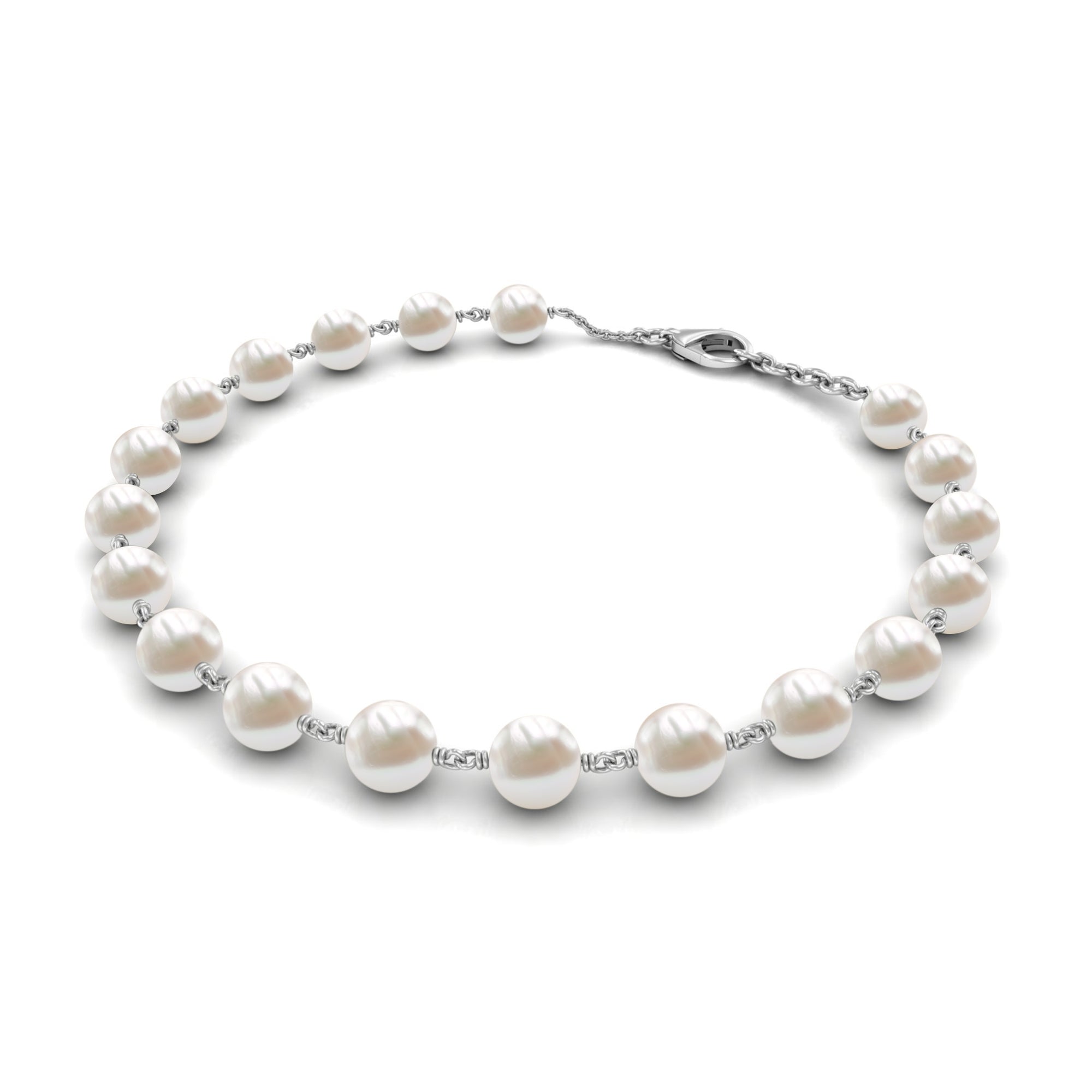 8 MM Round Freshwater Pearl Station Chain Bracelet Freshwater Pearl - ( AAA ) - Quality - Rosec Jewels