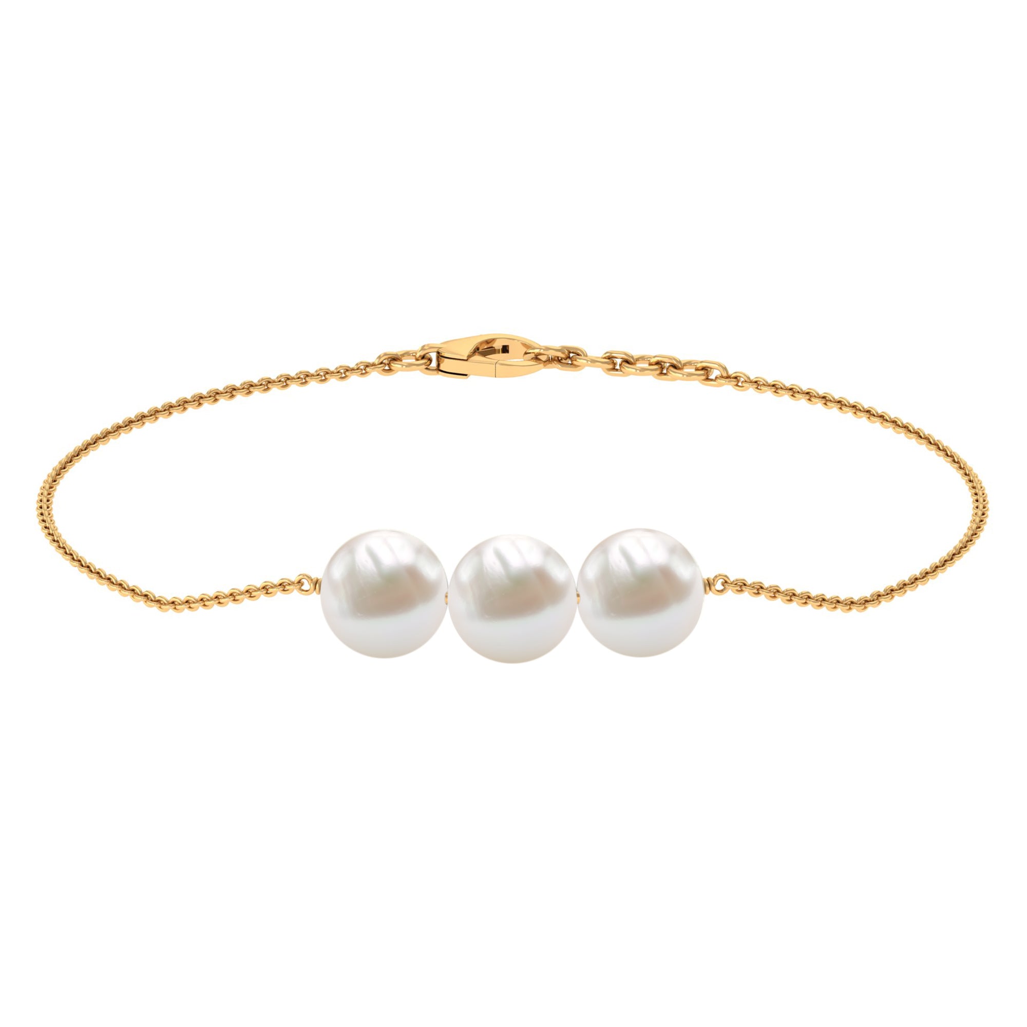 8 MM Freshwater Pearl Three Stone Chain Bracelet in Gold Freshwater Pearl - ( AAA ) - Quality - Rosec Jewels