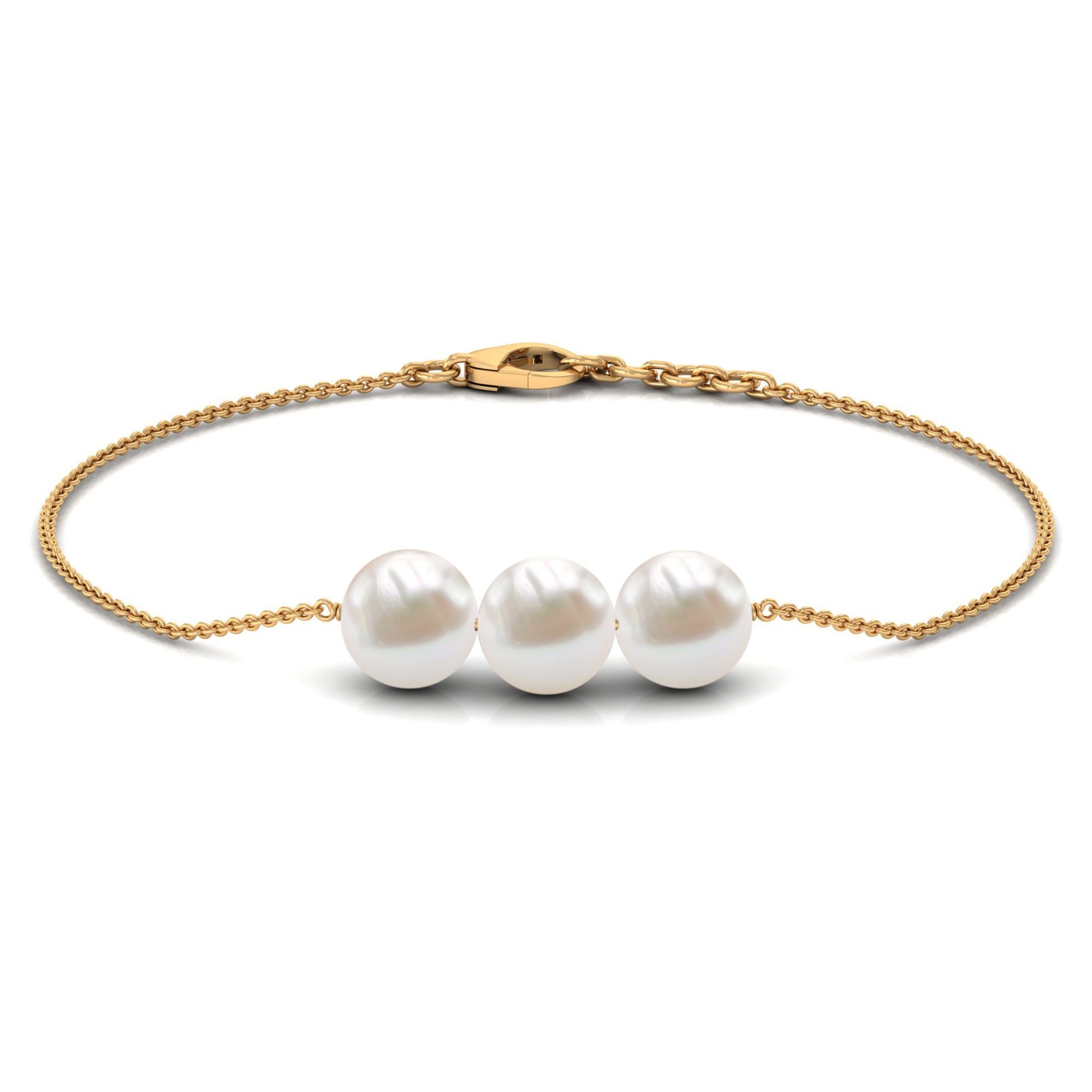 8 MM Freshwater Pearl Three Stone Chain Bracelet in Gold Freshwater Pearl - ( AAA ) - Quality - Rosec Jewels