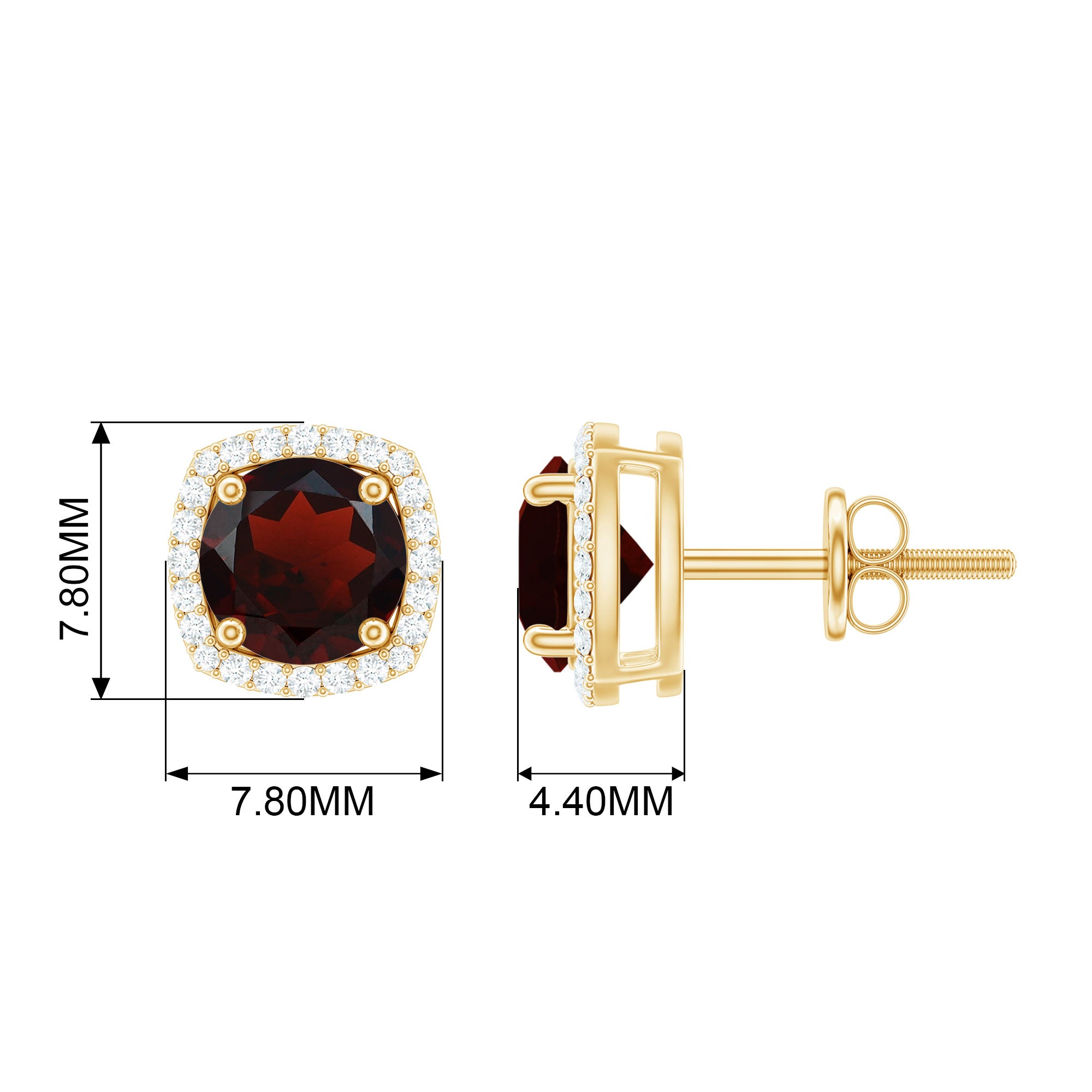 Round Shape Garnet Stud Earrings with Diamond Halo Garnet - ( AAA ) - Quality - Rosec Jewels