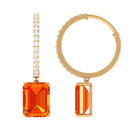 Lab Grown Orange Sapphire Drop Hoop Earrings with Diamond Lab Created Orange Sapphire - ( AAAA ) - Quality - Rosec Jewels