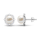 Classic Freshwater Pearl Stud Earrings with Diamond Halo Freshwater Pearl - ( AAA ) - Quality - Rosec Jewels