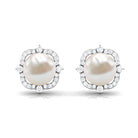 Classic Freshwater Pearl Stud Earrings with Diamond Halo Freshwater Pearl - ( AAA ) - Quality - Rosec Jewels