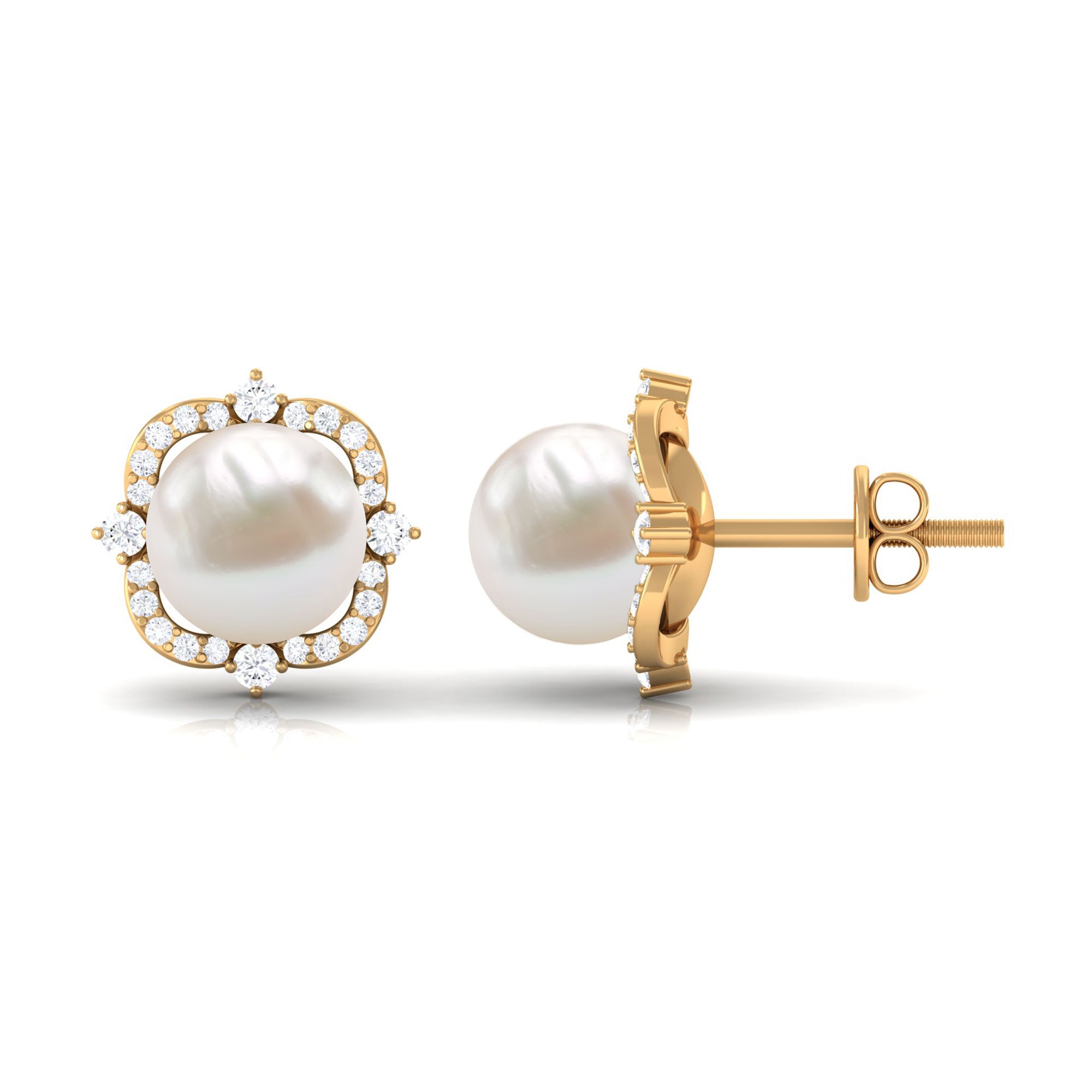 Classic Freshwater Pearl Stud Earrings with Diamond Halo Freshwater Pearl - ( AAA ) - Quality - Rosec Jewels