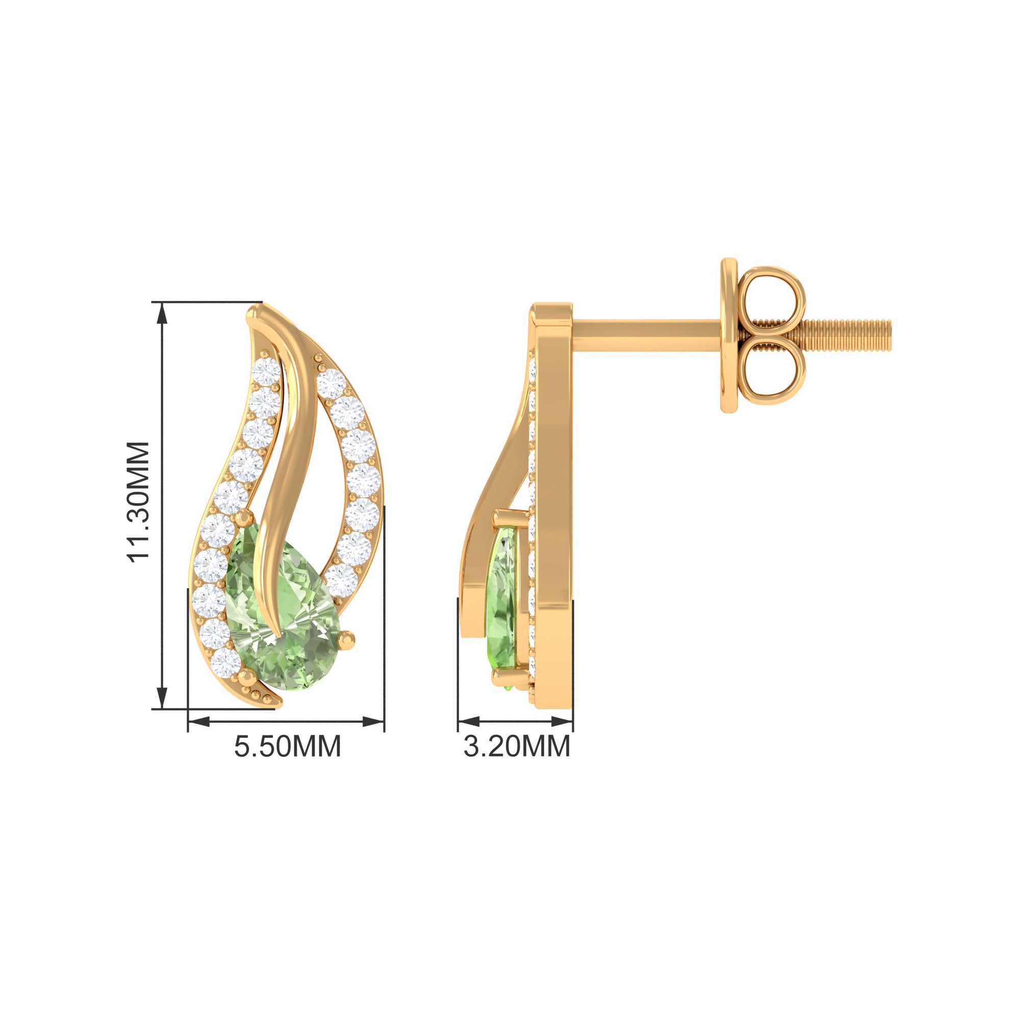 Pear Shape Green Sapphire and Diamond Leaf Stud Earrings Green Sapphire - ( AAA ) - Quality - Rosec Jewels