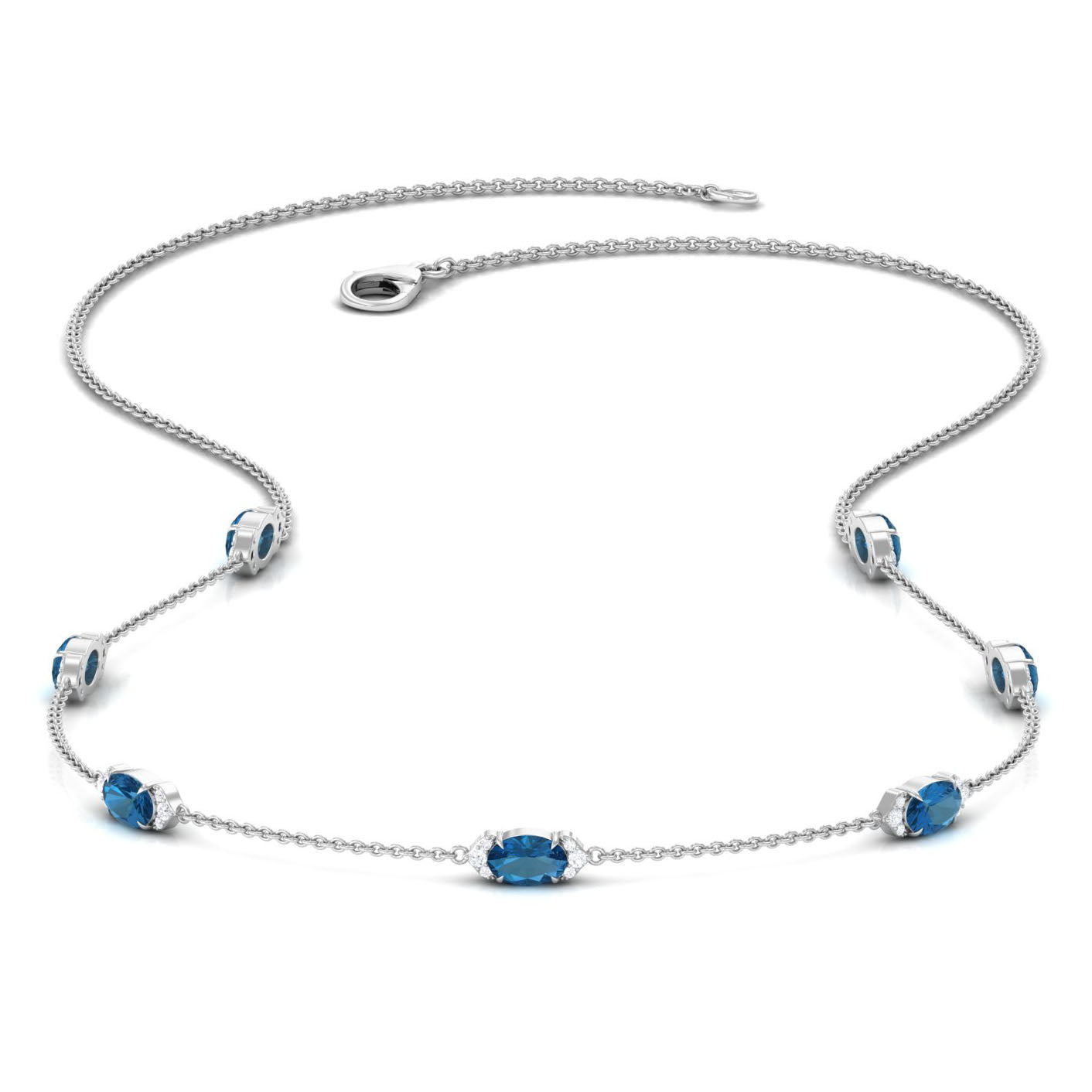 Real London Blue Topaz Station Chain Necklace with Diamond London Blue Topaz - ( AAA ) - Quality - Rosec Jewels