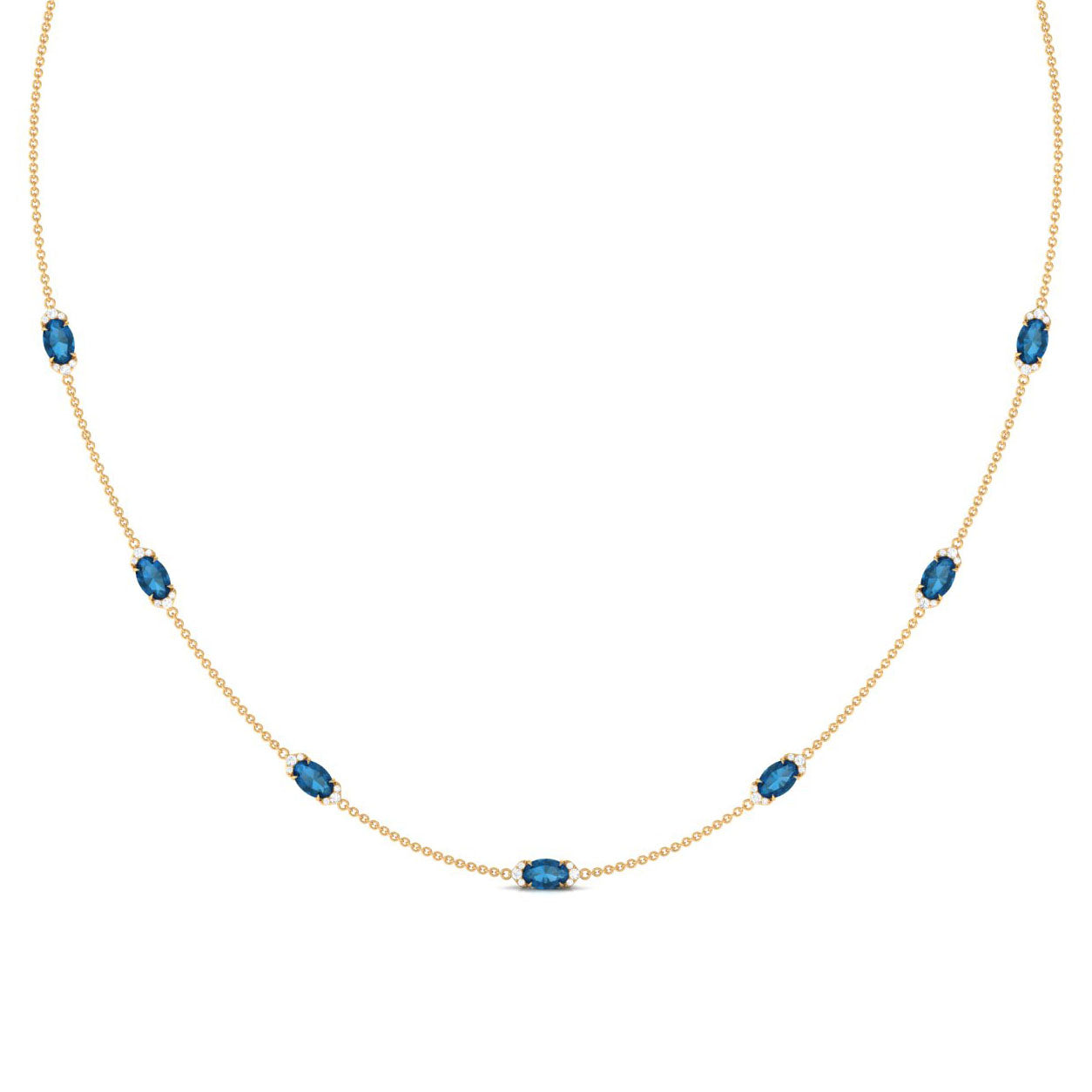 Real London Blue Topaz Station Chain Necklace with Diamond London Blue Topaz - ( AAA ) - Quality - Rosec Jewels