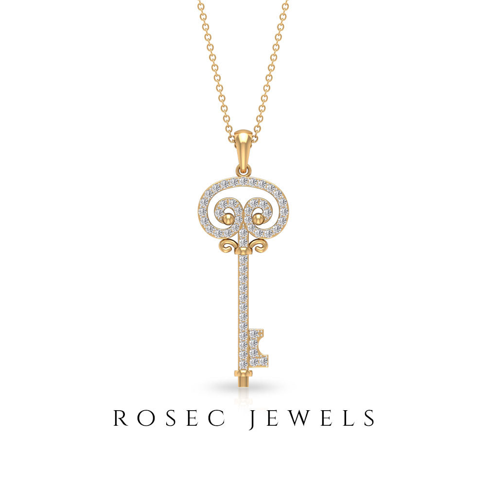 Pave Set Zircon Vintage Style Key Pendant Zircon - ( AAAA ) - Quality - Rosec Jewels