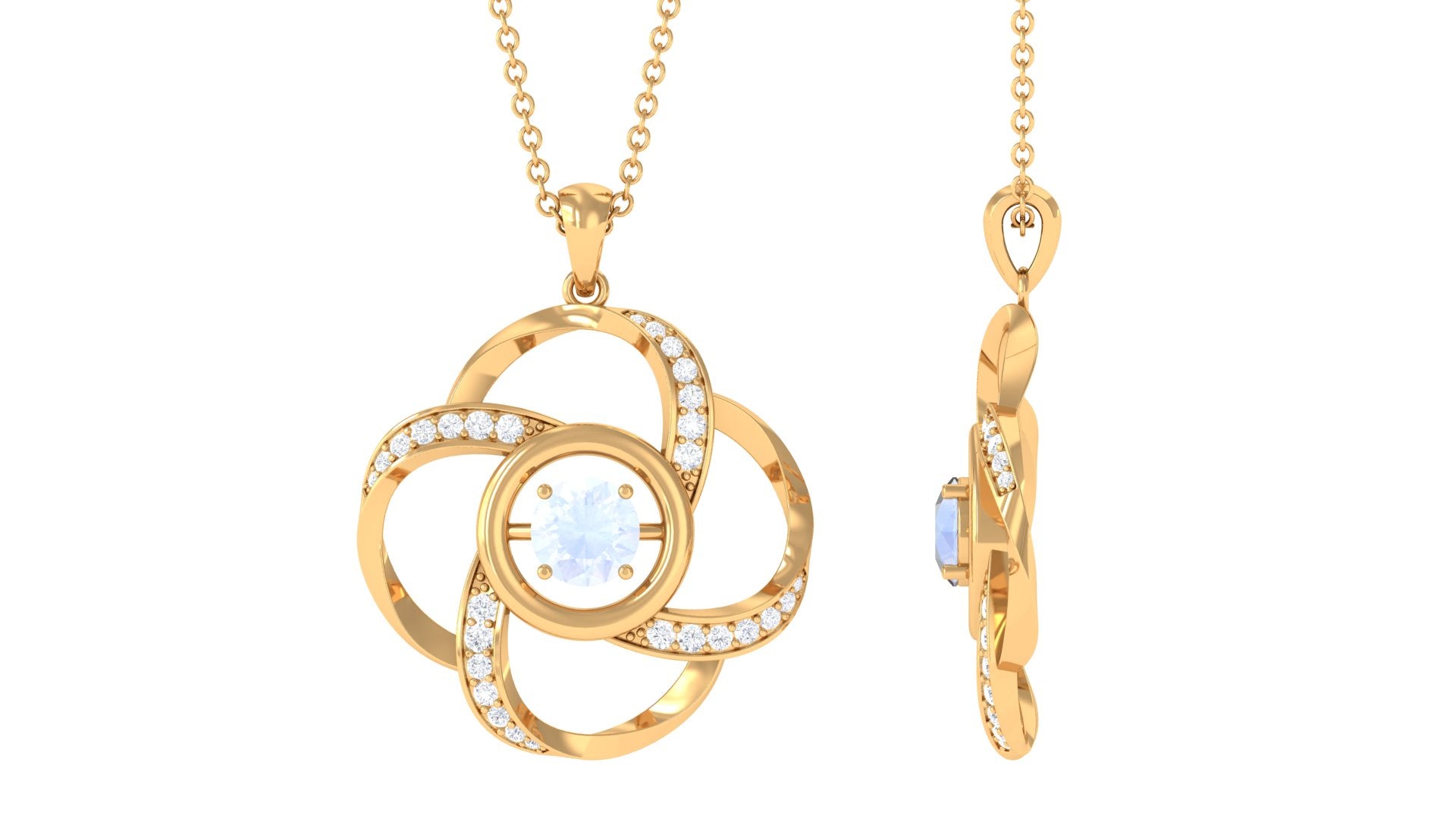 Modern Flower Pendant with Round Moonstone and Diamond Moonstone - ( AAA ) - Quality - Rosec Jewels