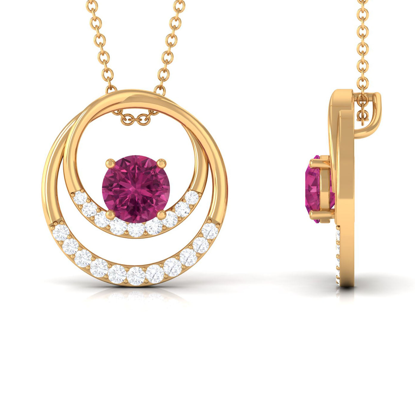 Real Pink Tourmaline and Diamond Open Circle Pendant Pink Tourmaline - ( AAA ) - Quality - Rosec Jewels