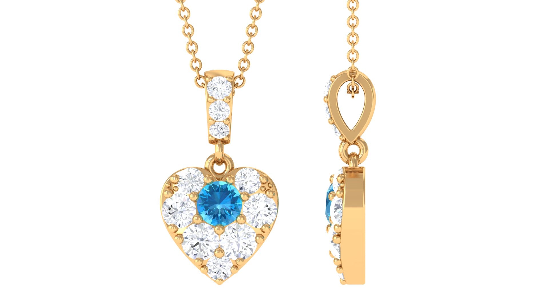 Round Swiss Blue Topaz and Moissanite Heart Pendant with Decorative Bail Swiss Blue Topaz - ( AAA ) - Quality - Rosec Jewels