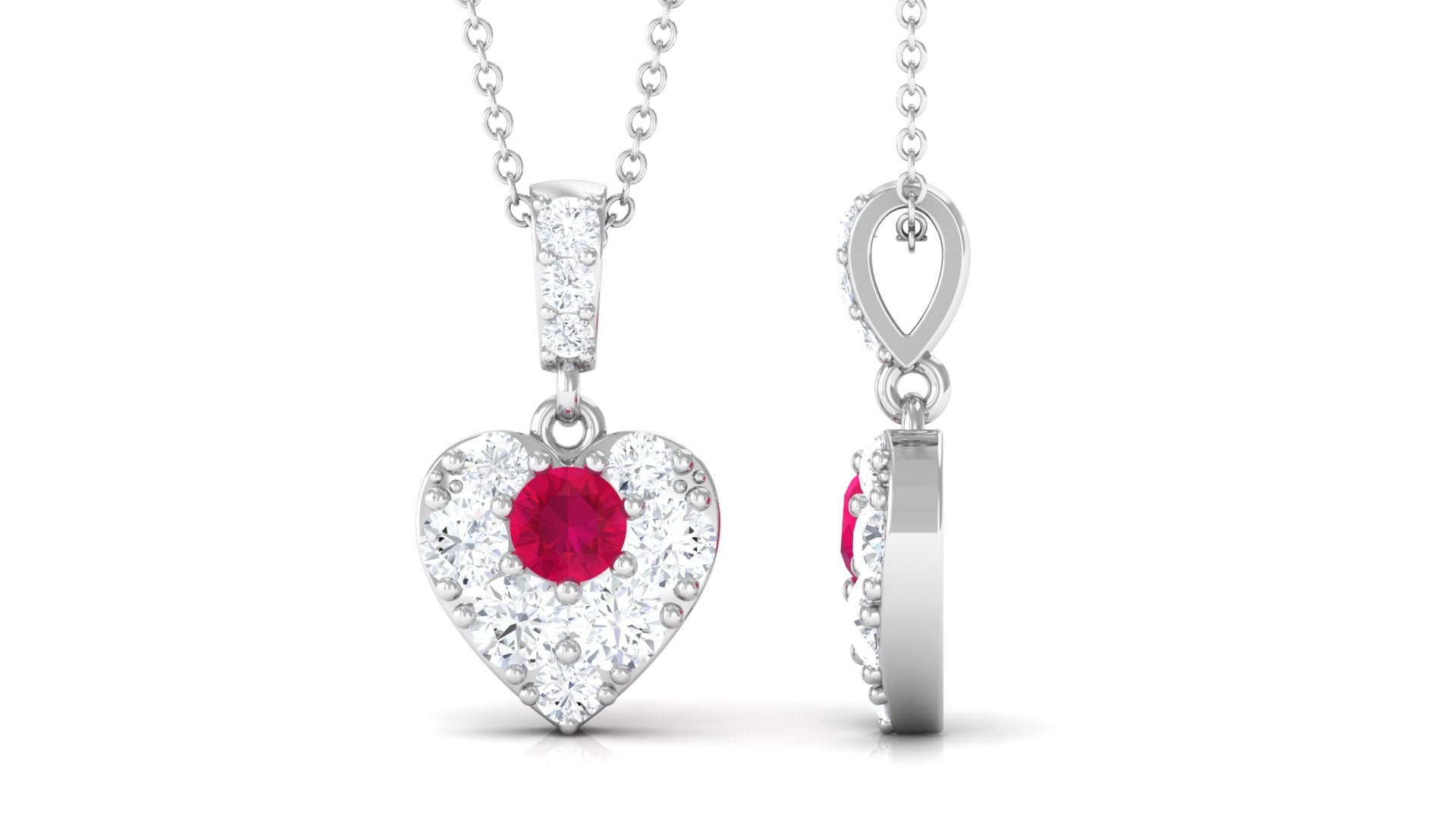 Round Ruby and Moissanite Heart Pendant with Decorative Bail Ruby - ( AAA ) - Quality - Rosec Jewels