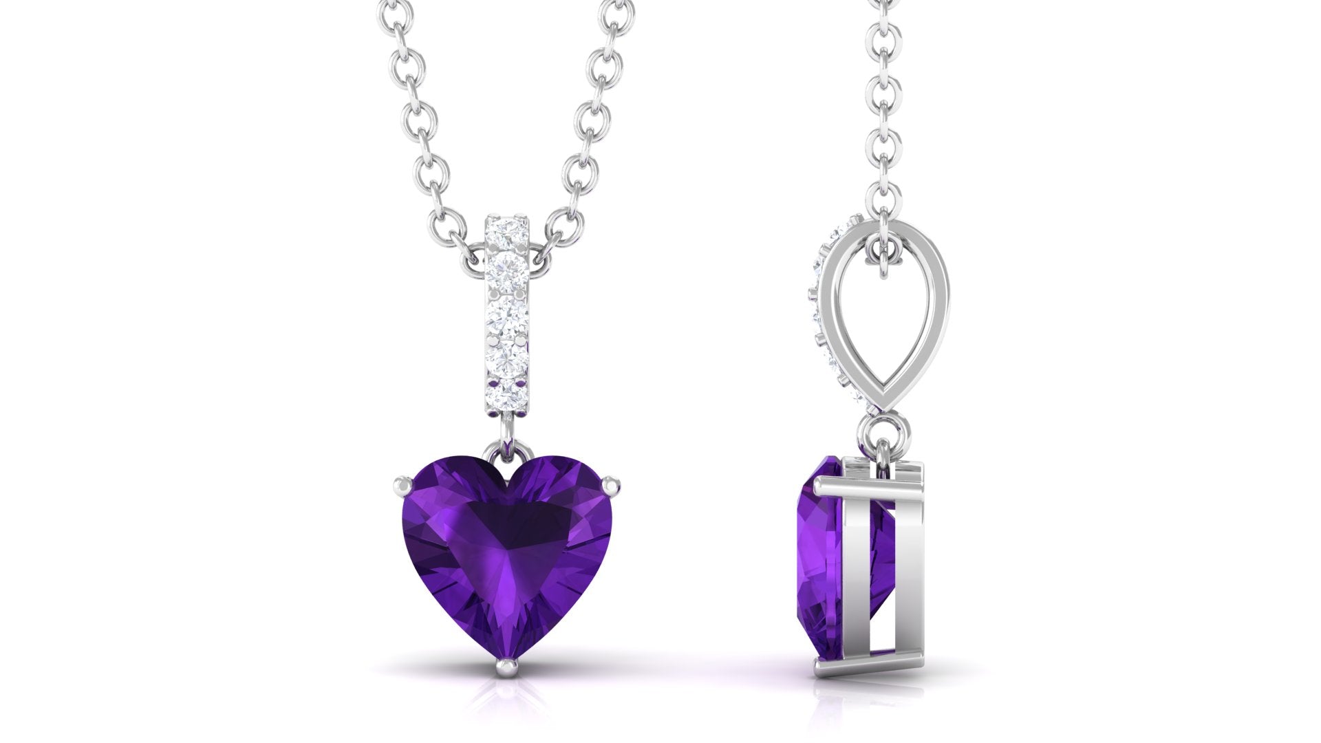 6 MM Heart Shape Amethyst Solitaire Pendant with Diamond Accent Bail Amethyst - ( AAA ) - Quality - Rosec Jewels