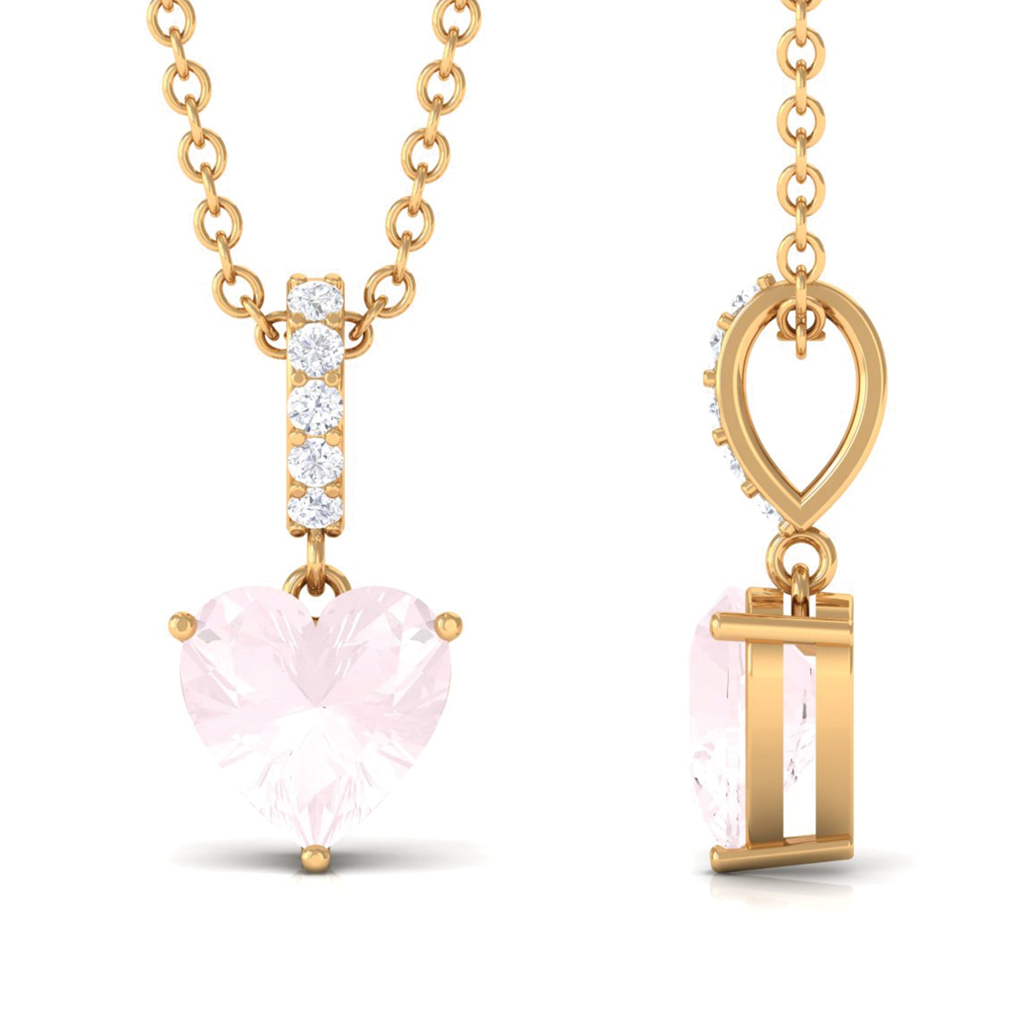 Heart Shape Rose Quartz and Diamond Solitaire Pendant Rose Quartz - ( AAA ) - Quality - Rosec Jewels